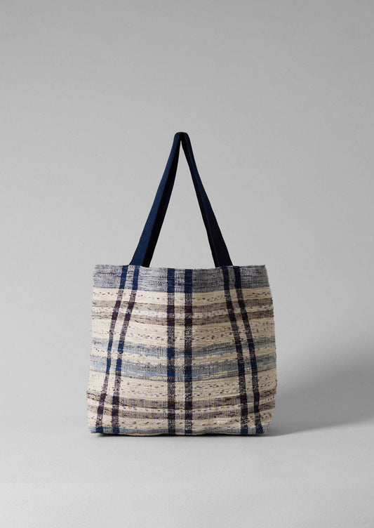 Borsa a quadri con tessuto rimanente | Ecru/Blu navy