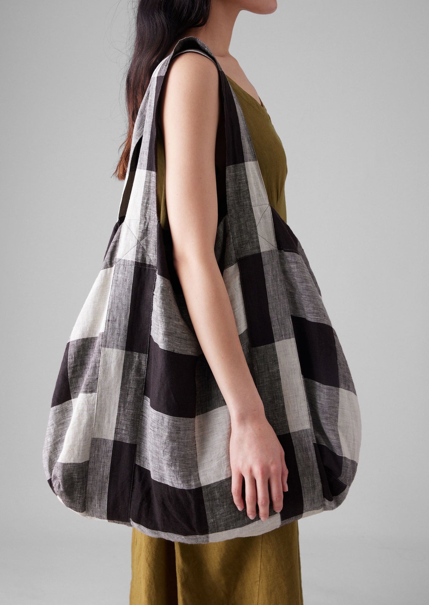 Borsa in lino leggero Macro Gingham | Ecru/Carbone