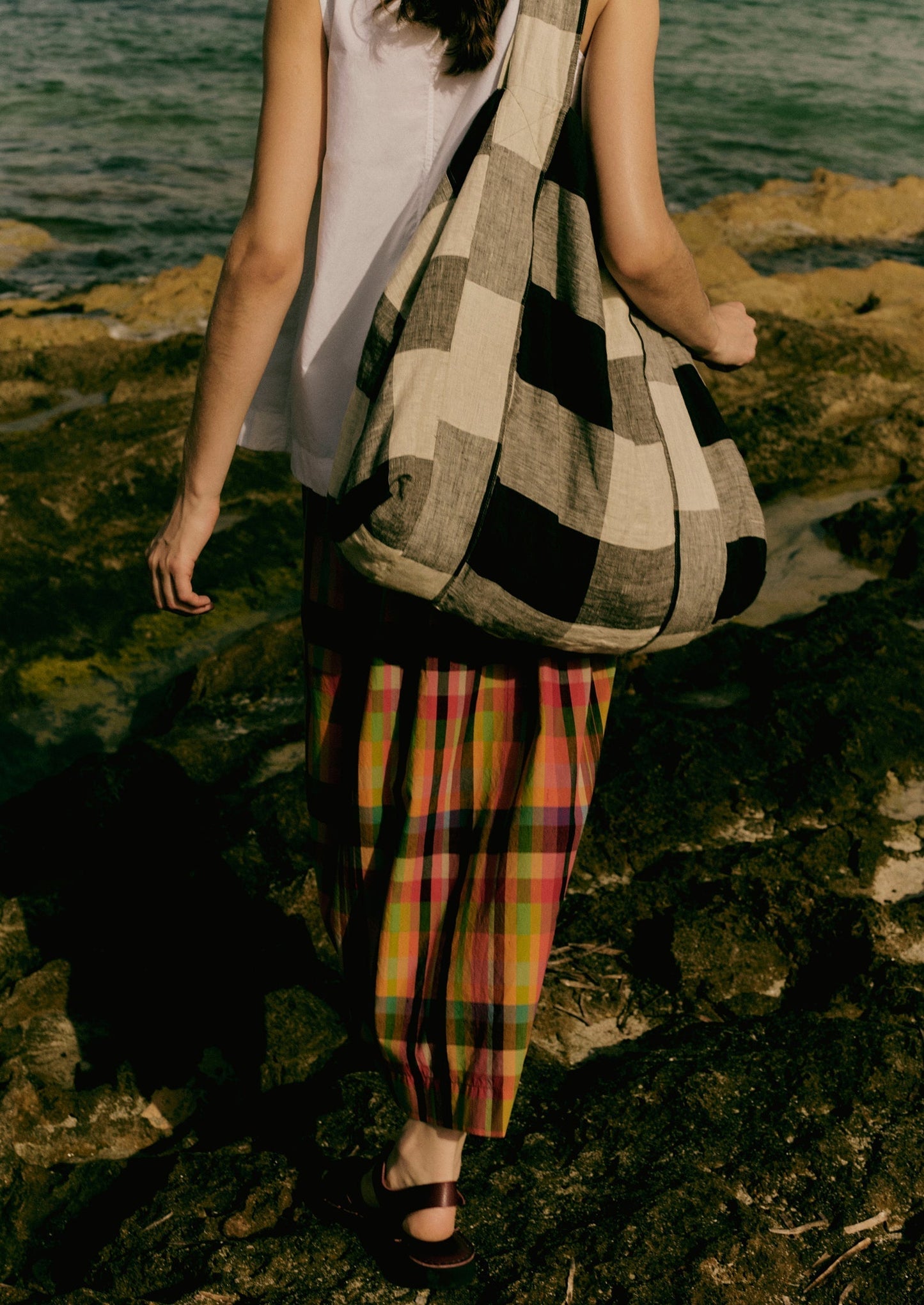 Borsa in lino leggero Macro Gingham | Ecru/Carbone