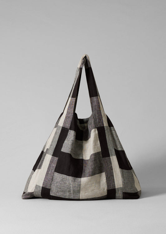 Borsa in lino leggero Macro Gingham | Ecru/Carbone