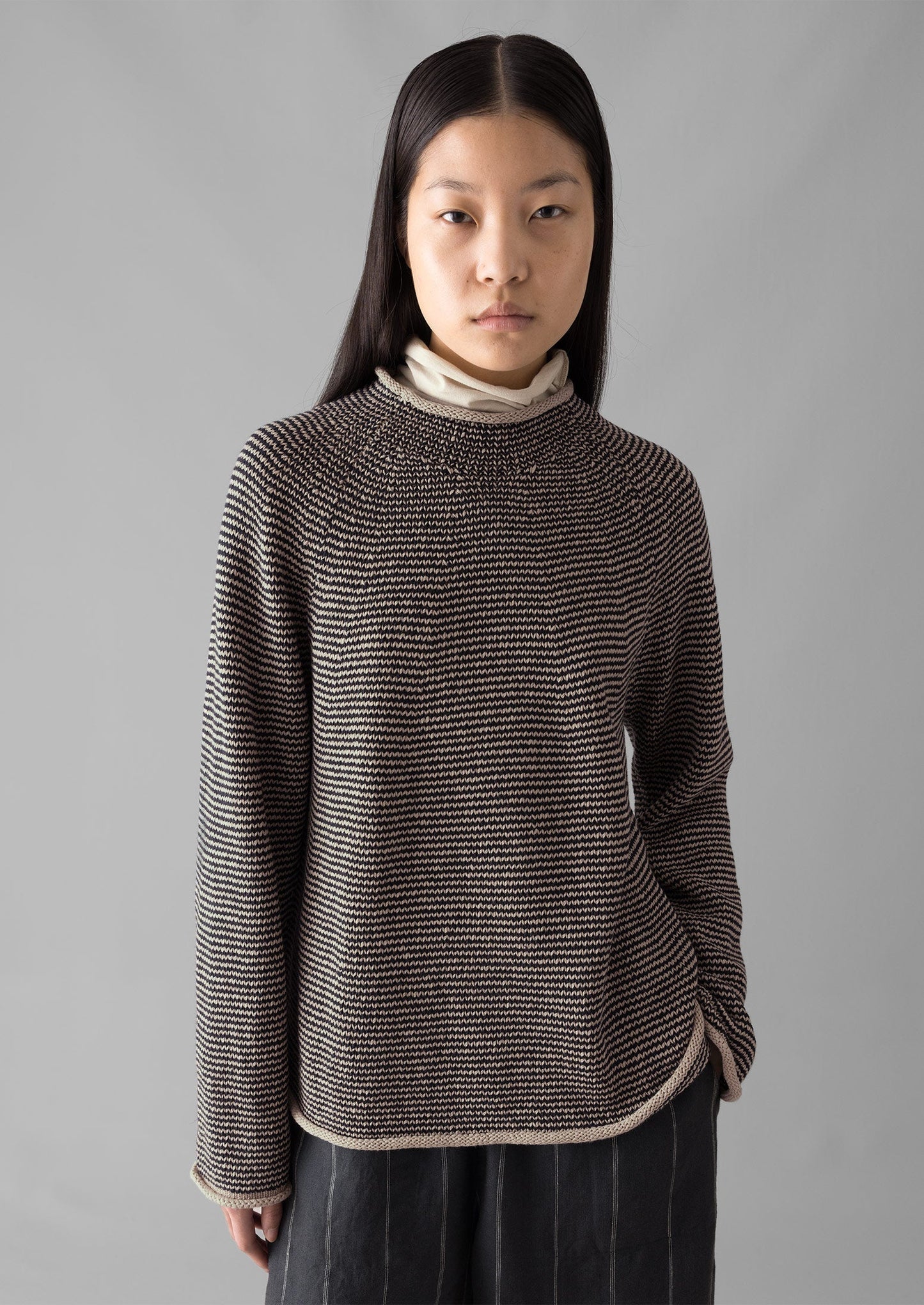 Maglione a righe in lino e cotone | Blu navy/stucco