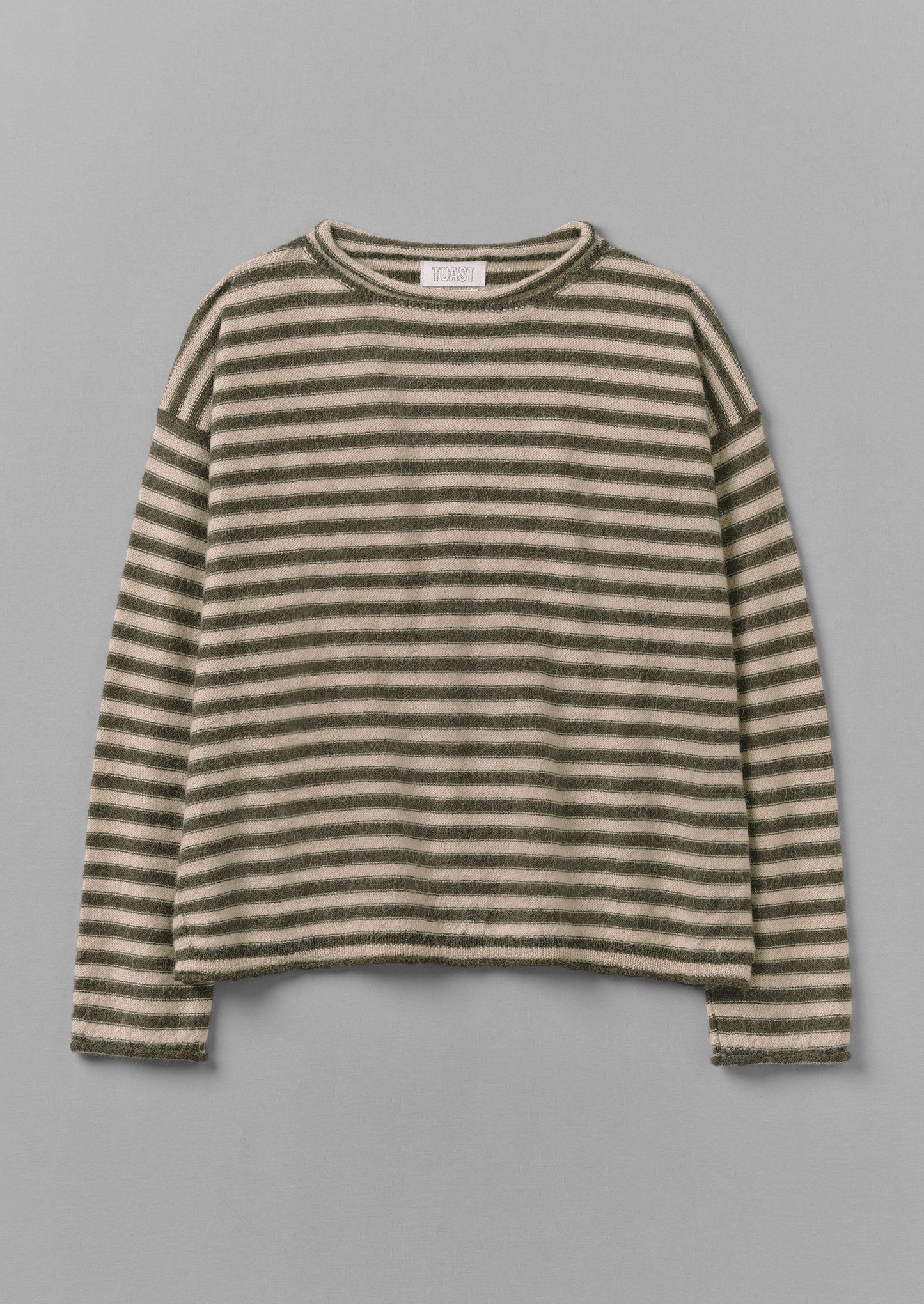 Maglione girocollo in lana di alpaca a righe | Avena/Oliva