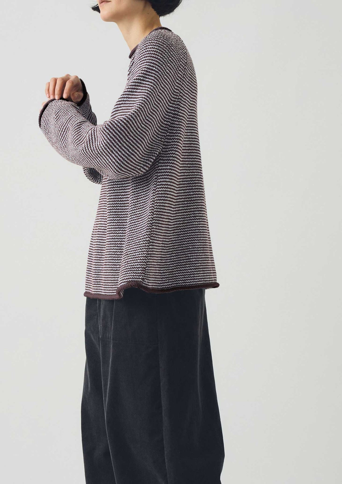 Maglione a righe in lino e cotone | Marrone ocra/pervinca