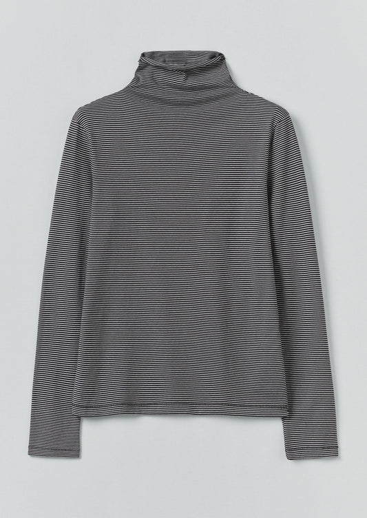 Maglietta a righe in cotone con collo alto | Blu navy scuro/Ecru