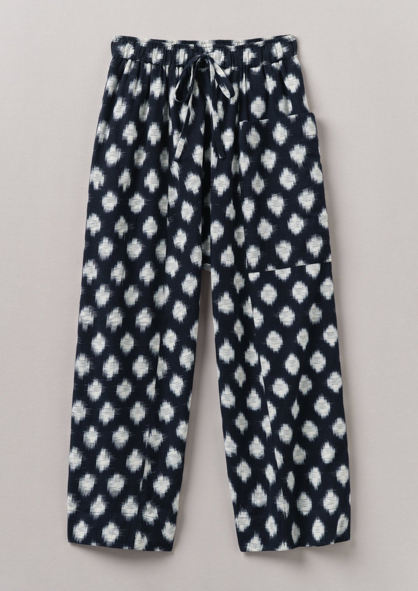 Pantaloni a vita alta con motivo ikat a tratteggio incrociato | Blu indaco