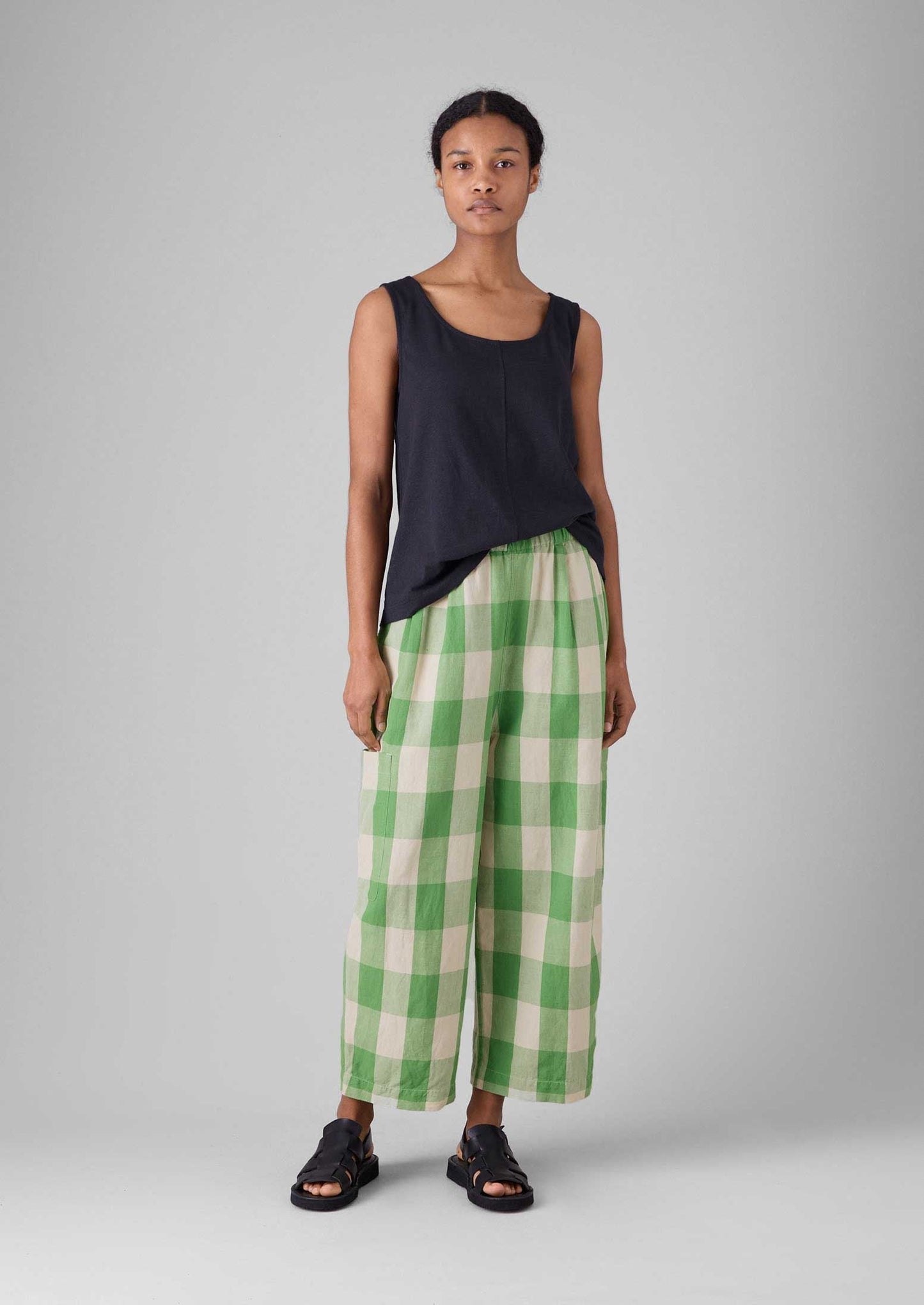 Pantaloni in lino e cotone a quadretti | Verde prato/Carne
