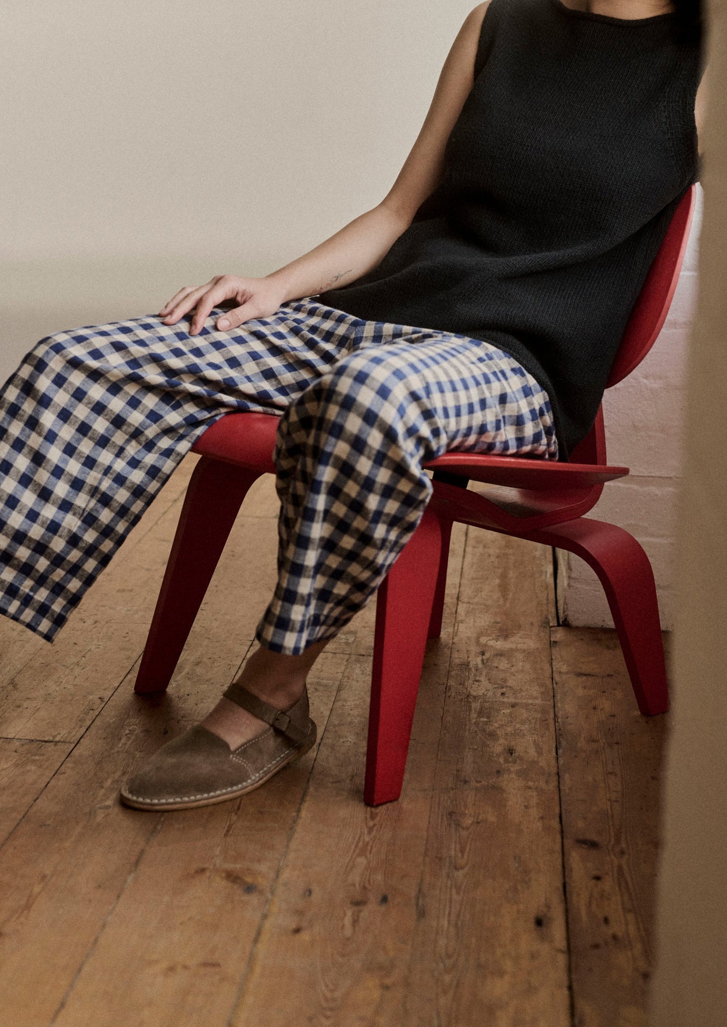 Pantaloni con tasca applicata in lino e cotone a quadretti | Blu denim