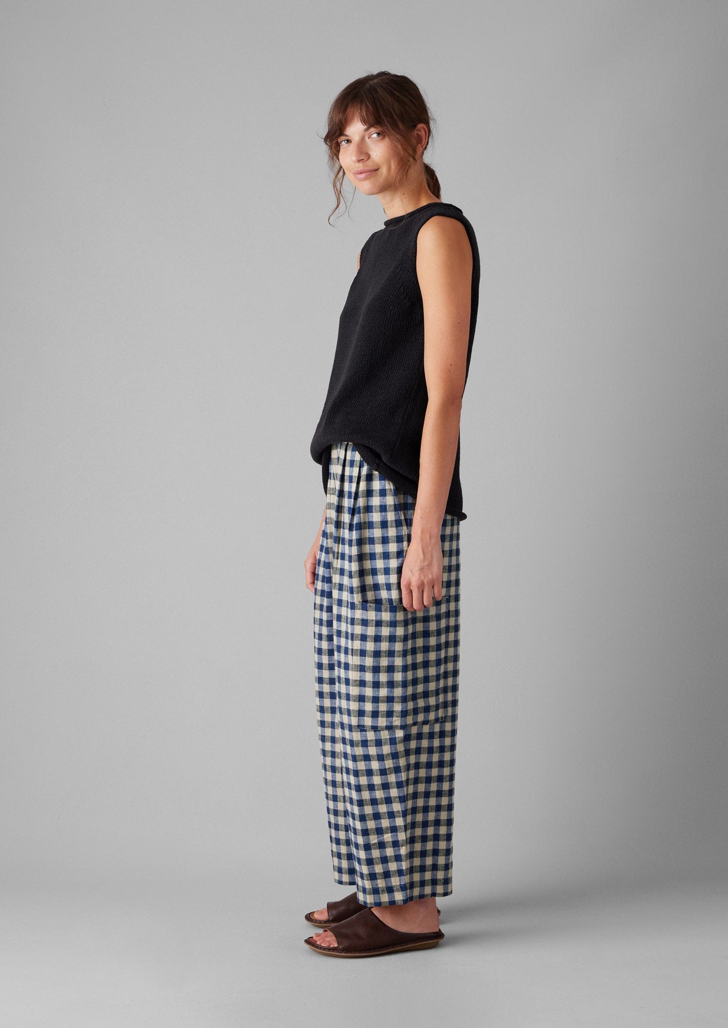 Pantaloni con tasca applicata in lino e cotone a quadretti | Blu denim
