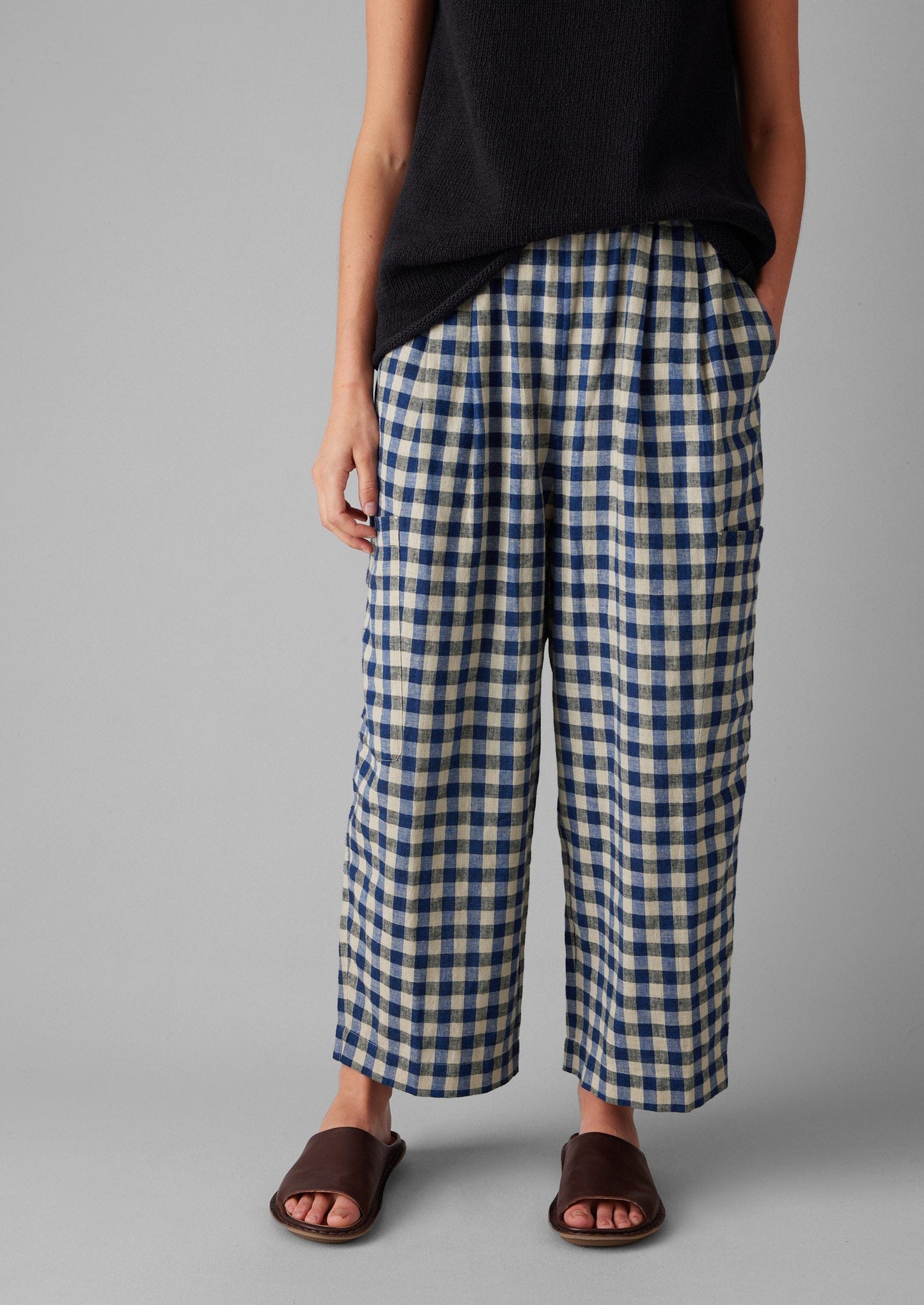Pantaloni con tasca applicata in lino e cotone a quadretti | Blu denim