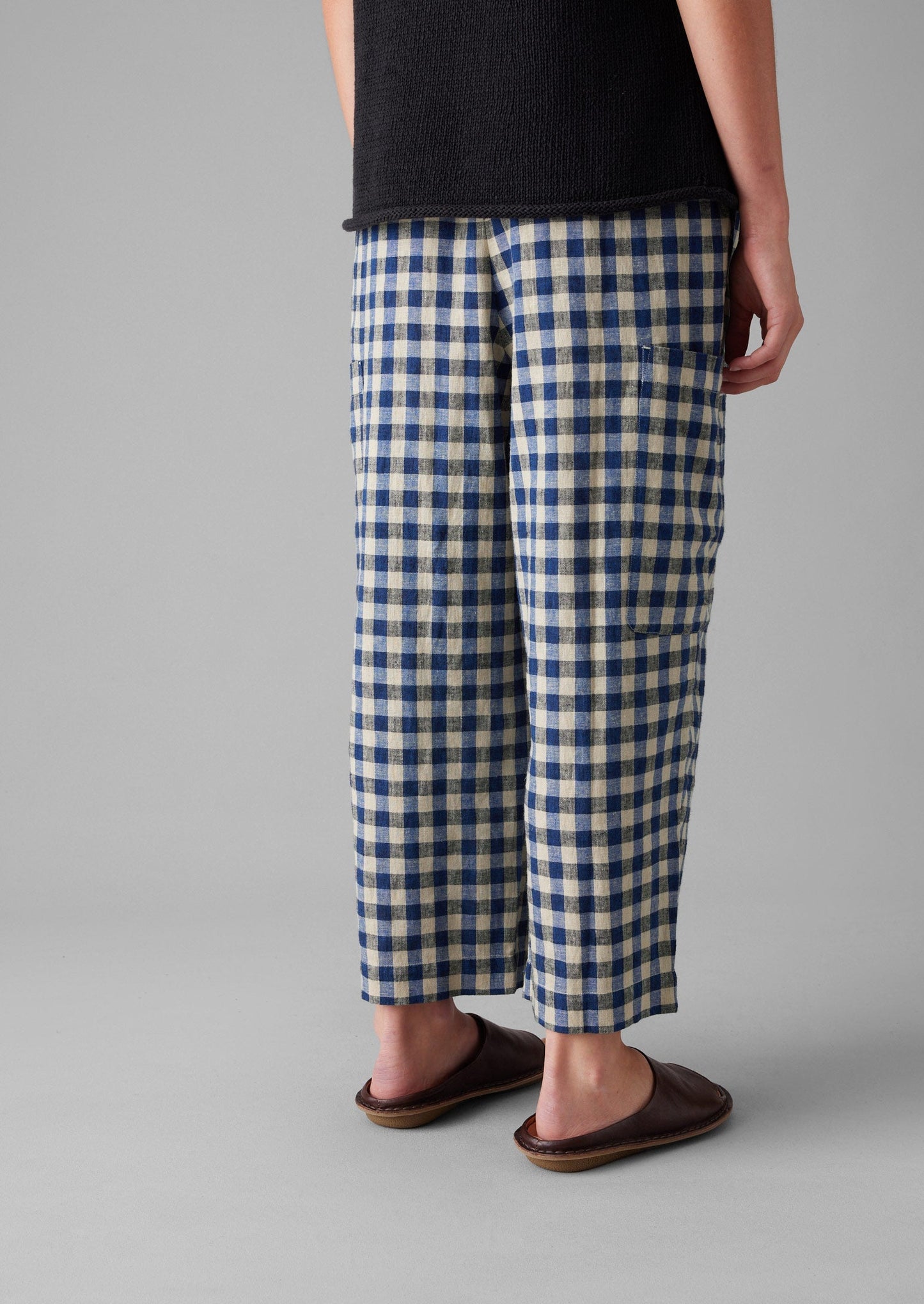 Pantaloni con tasca applicata in lino e cotone a quadretti | Blu denim