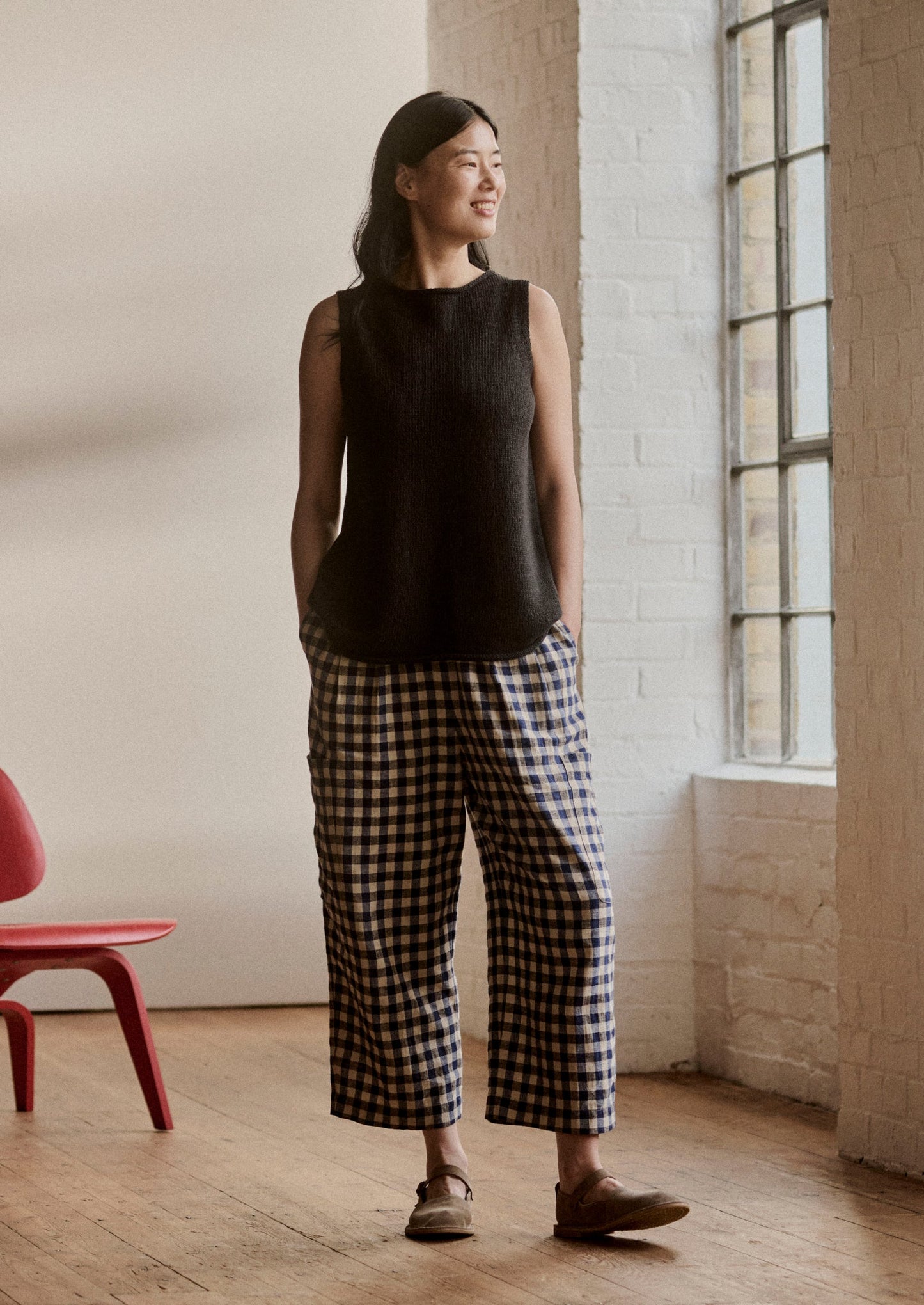 Pantaloni con tasca applicata in lino e cotone a quadretti | Blu denim