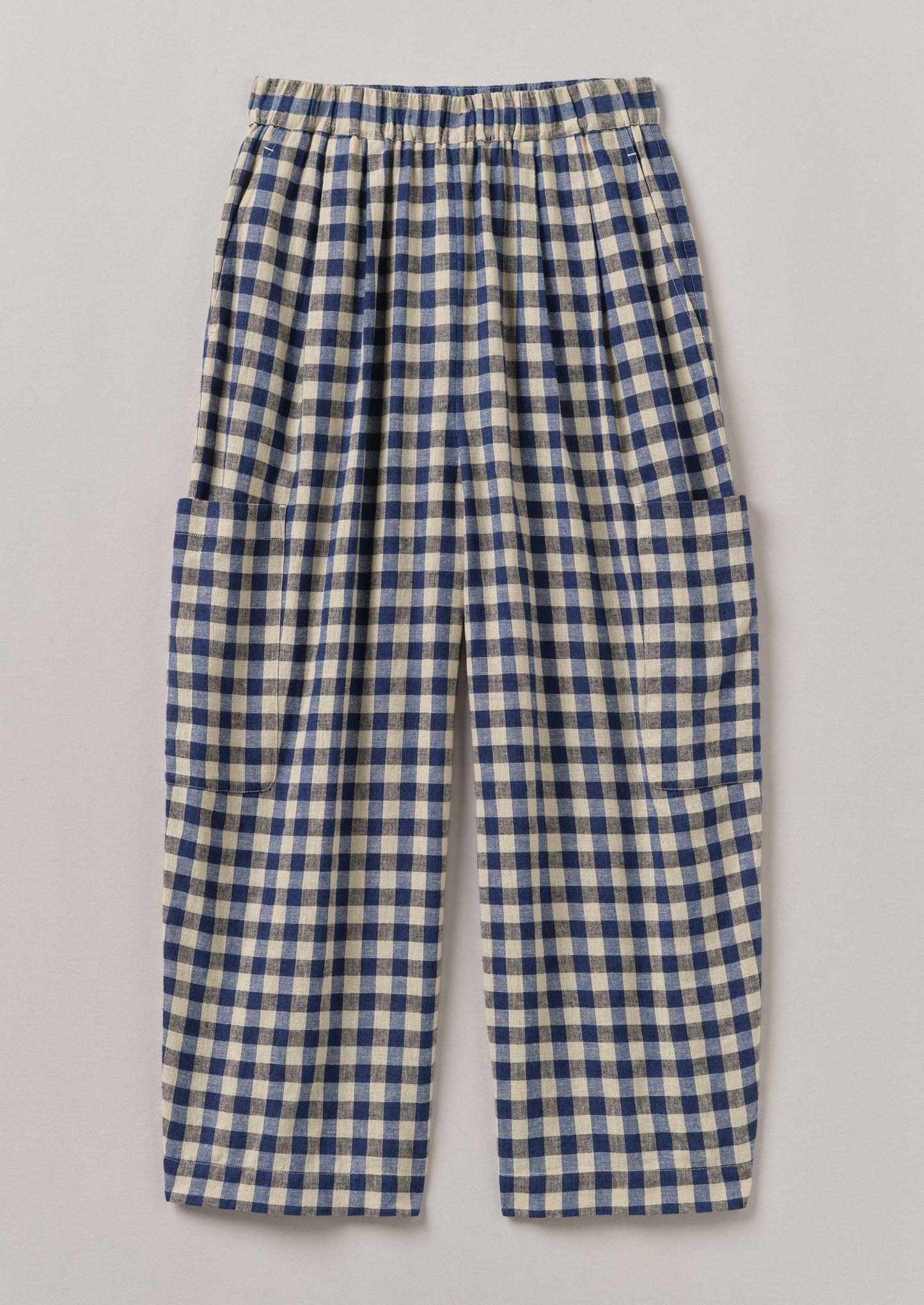 Pantaloni con tasca applicata in lino e cotone a quadretti | Blu denim