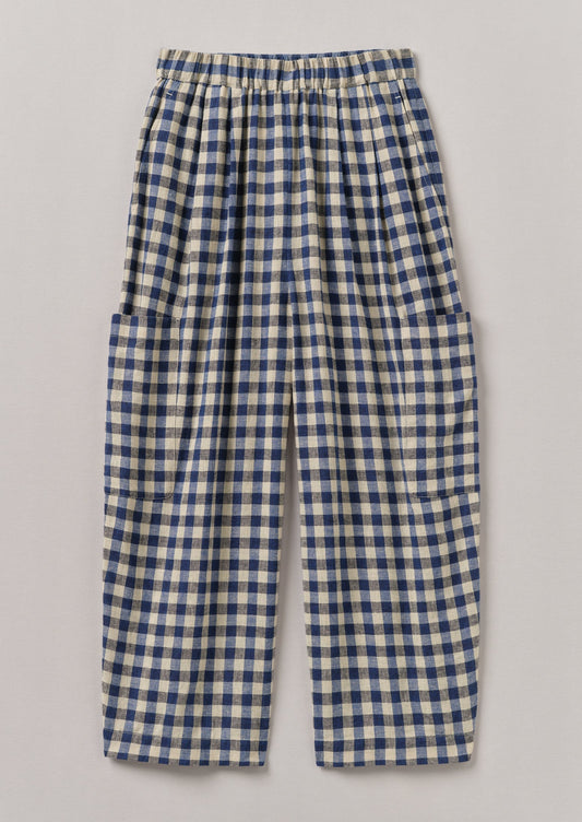 Pantaloni con tasca applicata in lino e cotone a quadretti | Blu denim