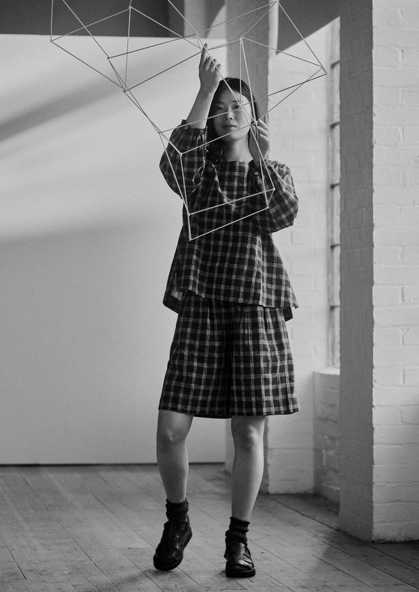 Pantaloncini in cotone e lino a quadri | Ardesia