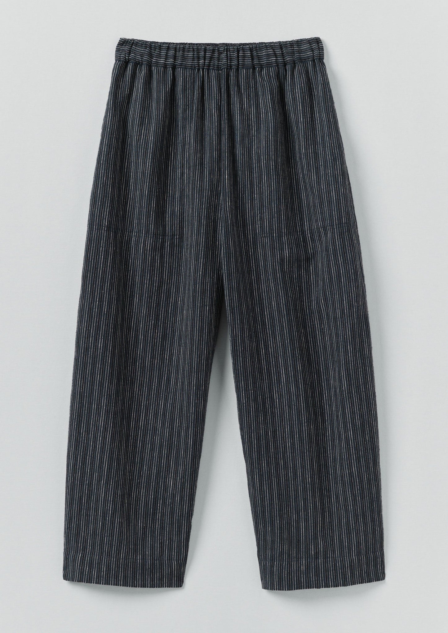 Pantaloni a gamba a botte in lino e cotone a righe | Blu ombra/Nero