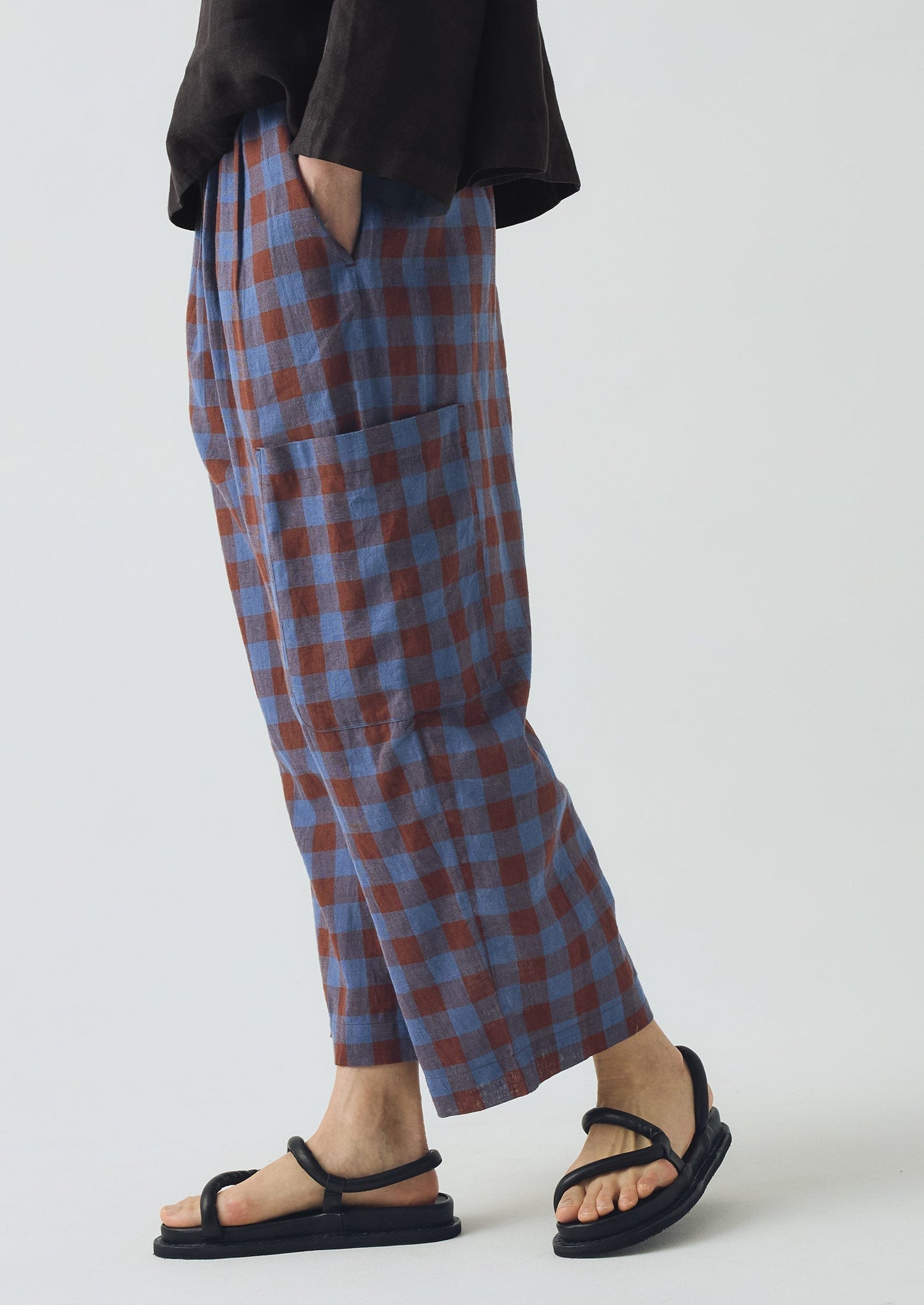 Pantaloni in lino e cotone a quadri minerali | Marrone ocra/Fiordaliso scuro