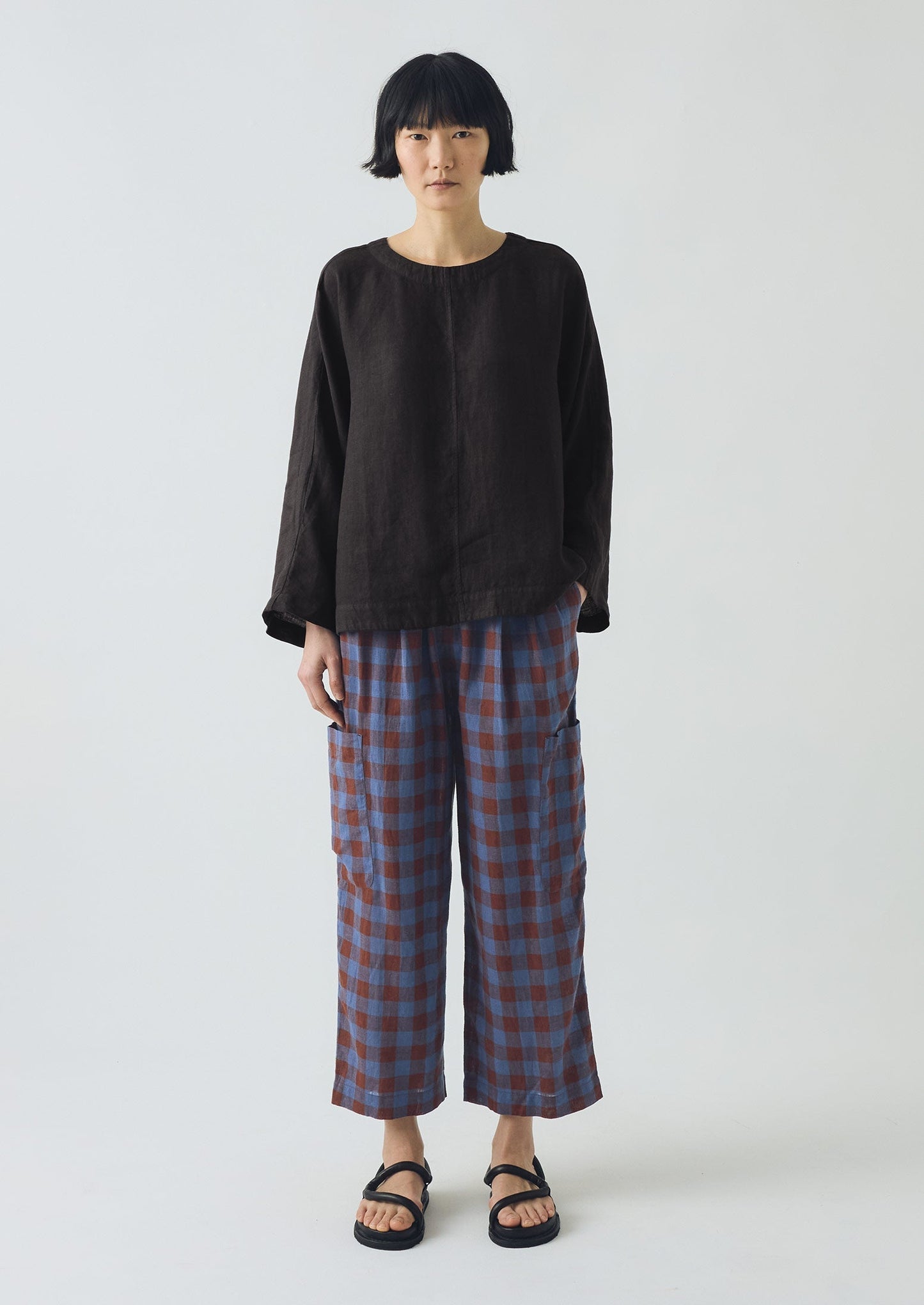 Pantaloni in lino e cotone a quadri minerali | Marrone ocra/Fiordaliso scuro