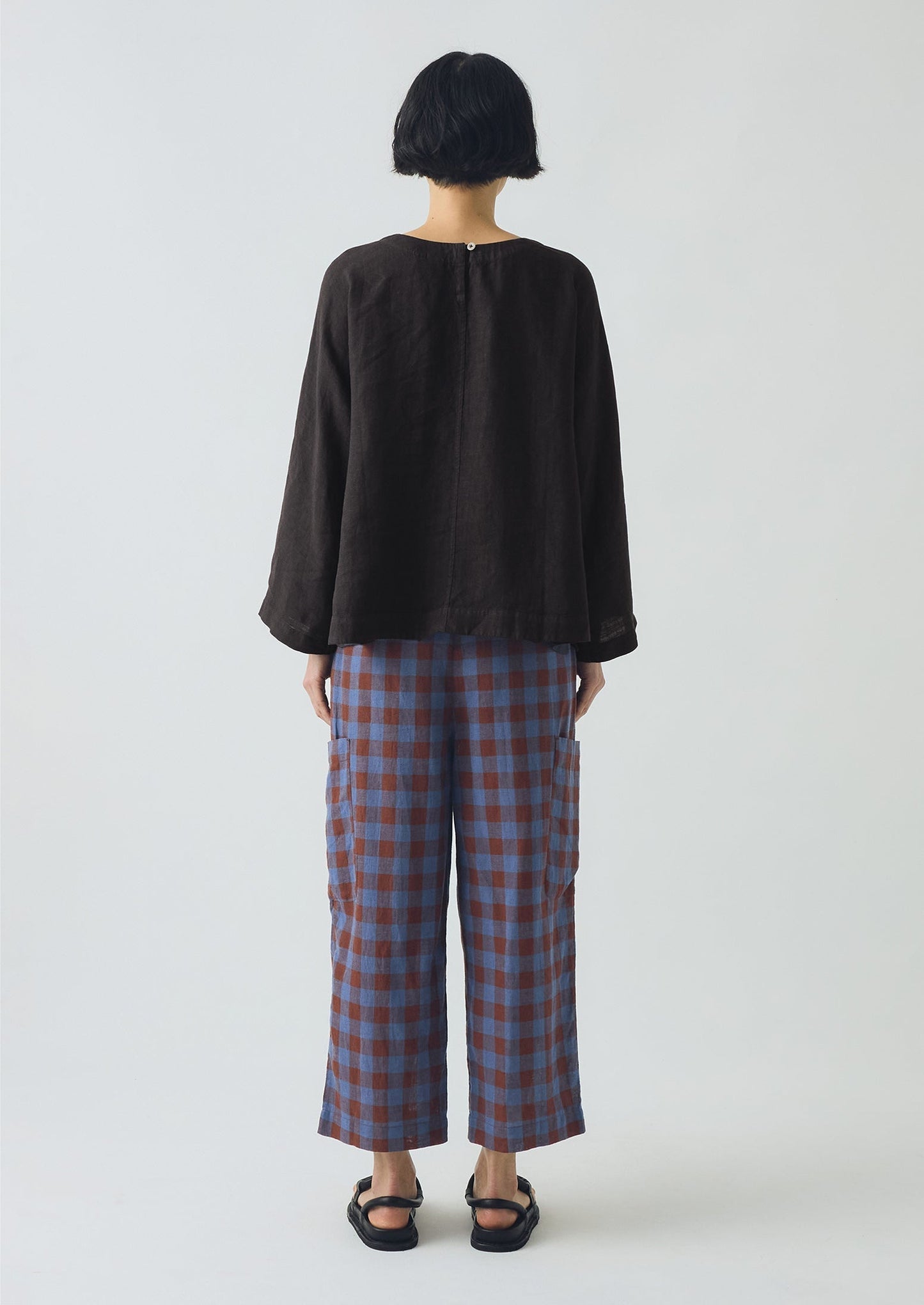 Pantaloni in lino e cotone a quadri minerali | Marrone ocra/Fiordaliso scuro