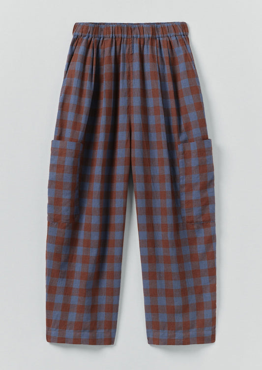 Pantaloni in lino e cotone a quadri minerali | Marrone ocra/Fiordaliso scuro