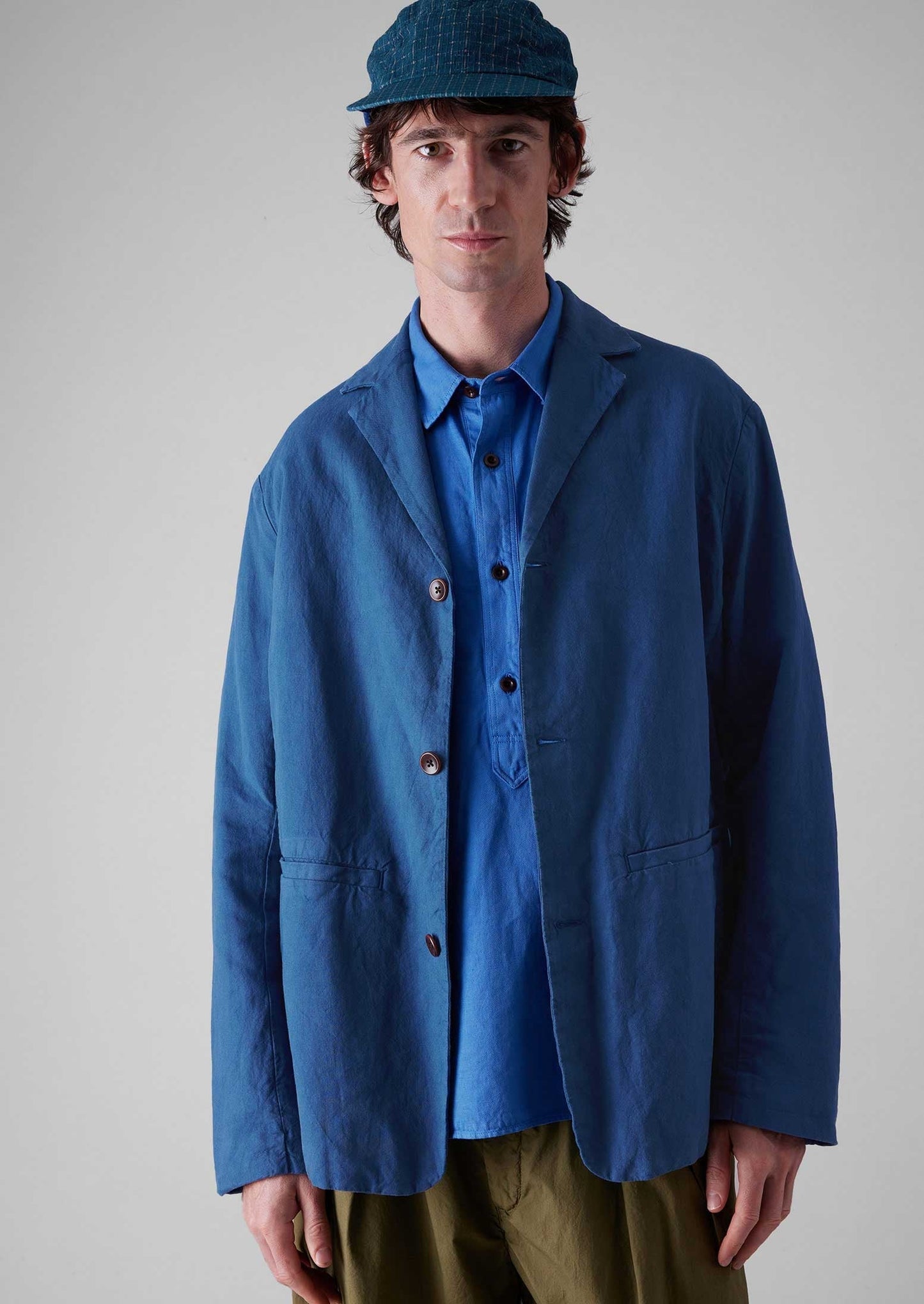 Blazer in cotone e lino con spacchi alti | Indaco lavato