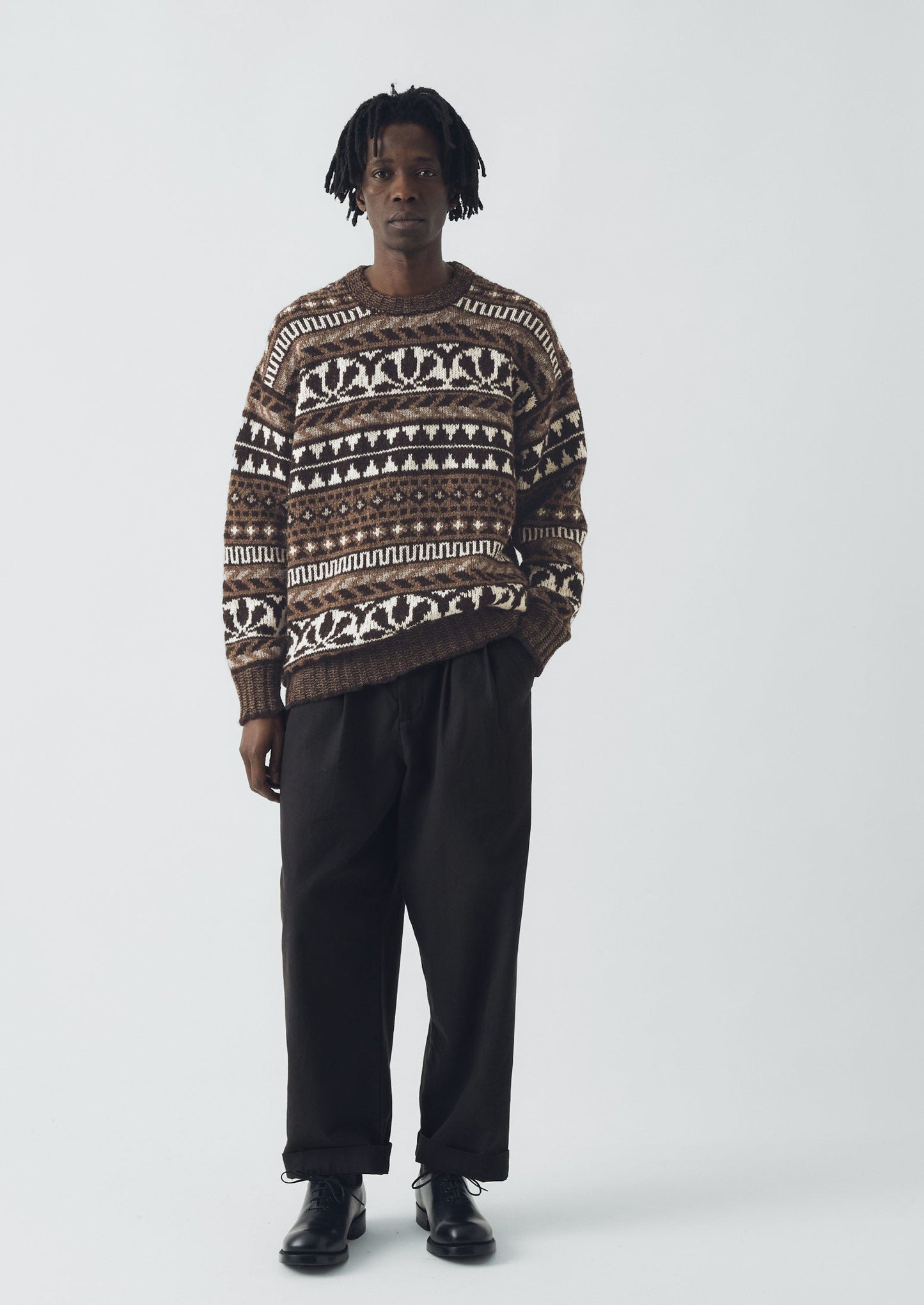 Maglione in lana Shetland con motivo jacquard grafico | Naturale/Multicolore