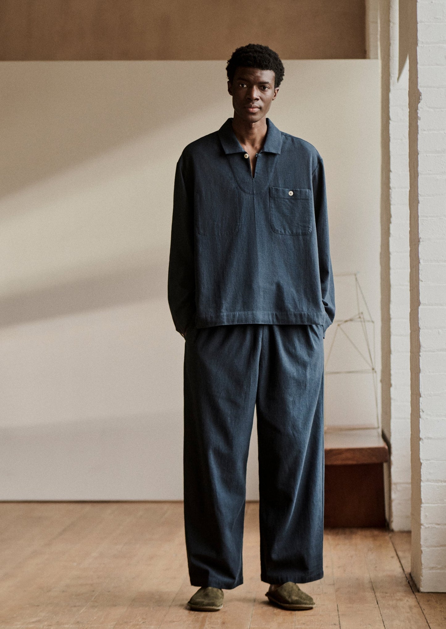 Pantaloni con coulisse in cotone spazzolato a spina di pesce | Blu ardesia