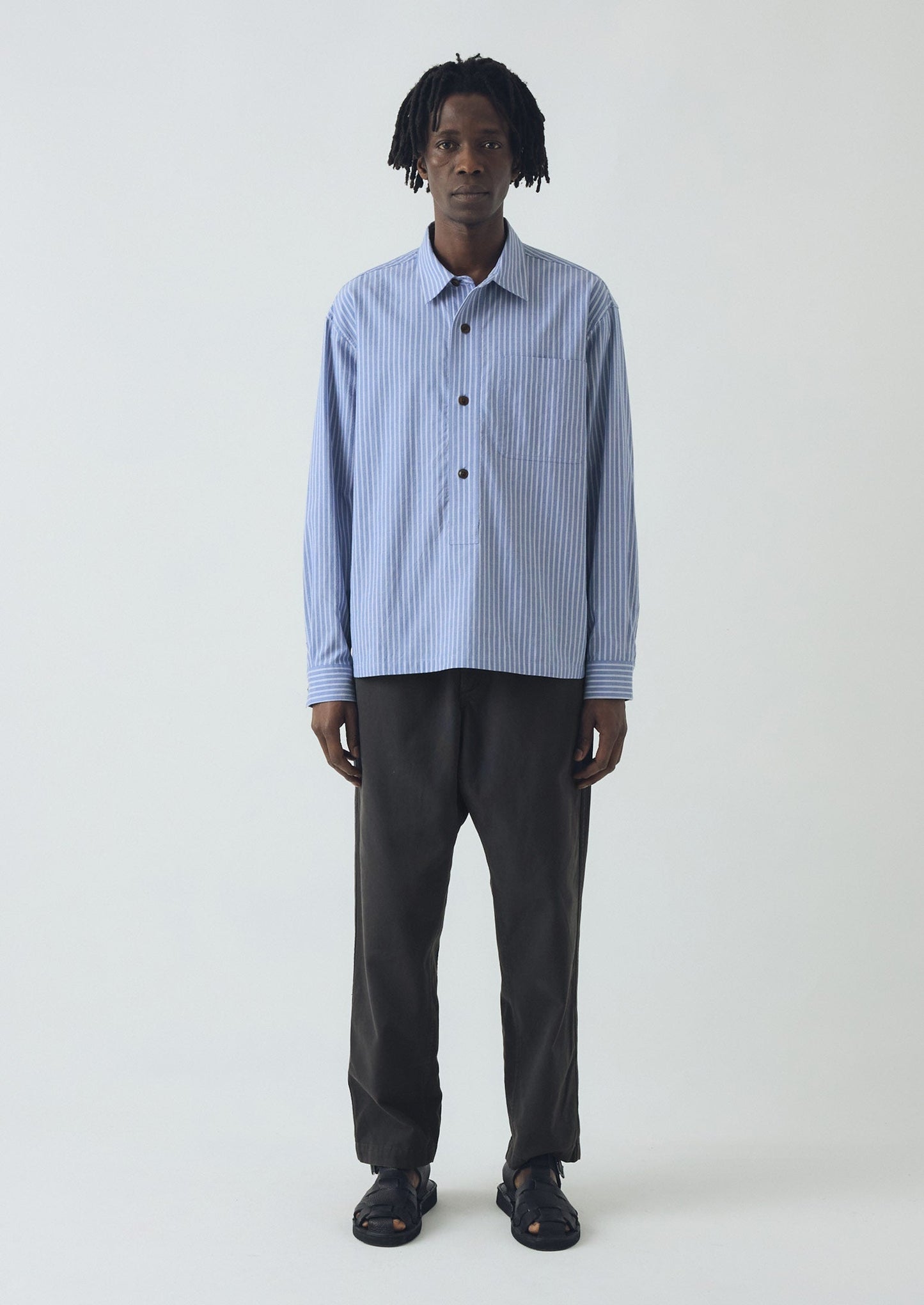 Camicia in cotone a righe con mezza patta | Azzurro