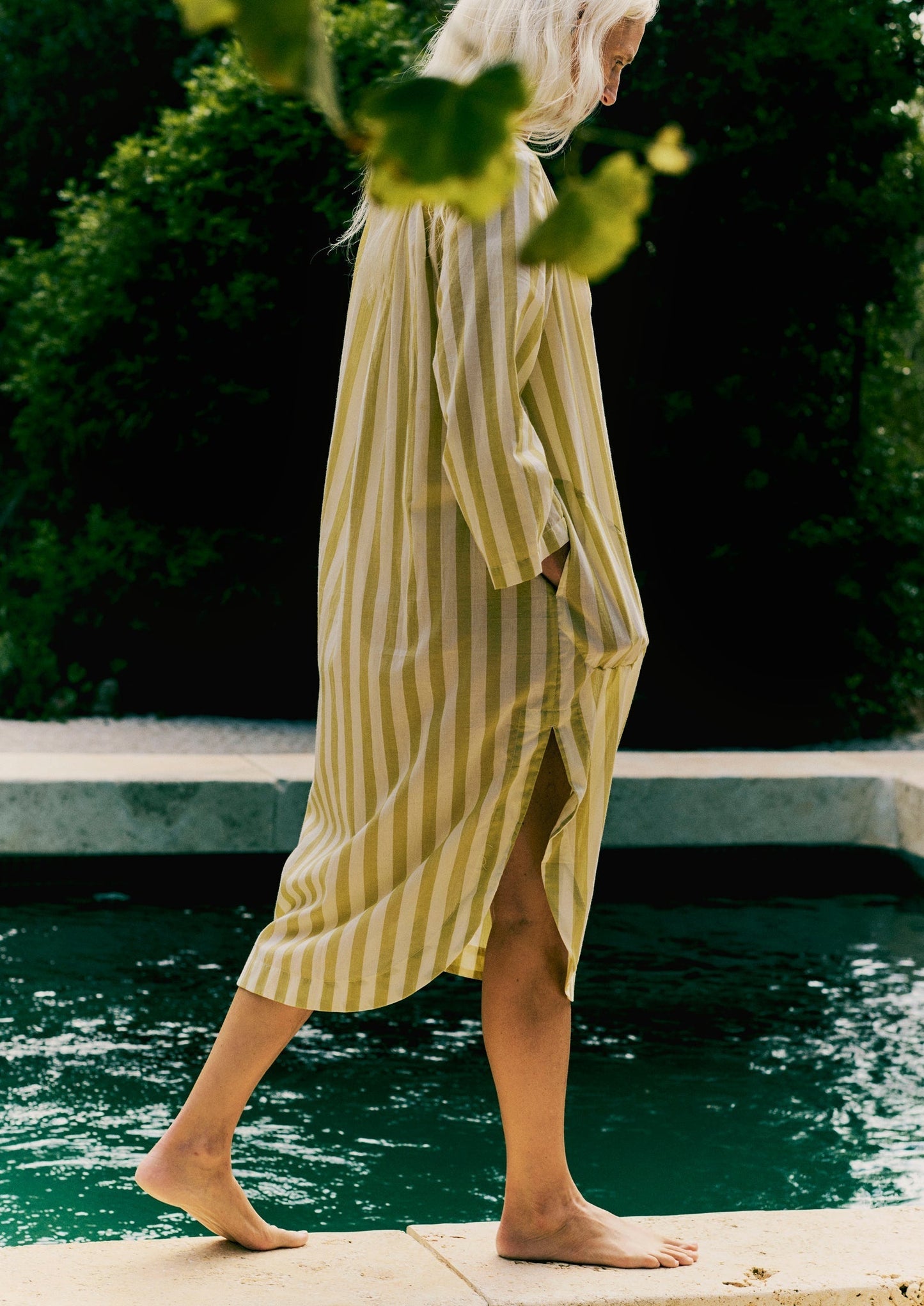 Caftano in cotone biologico Canopy Stripe | Ecru/Lime lavato
