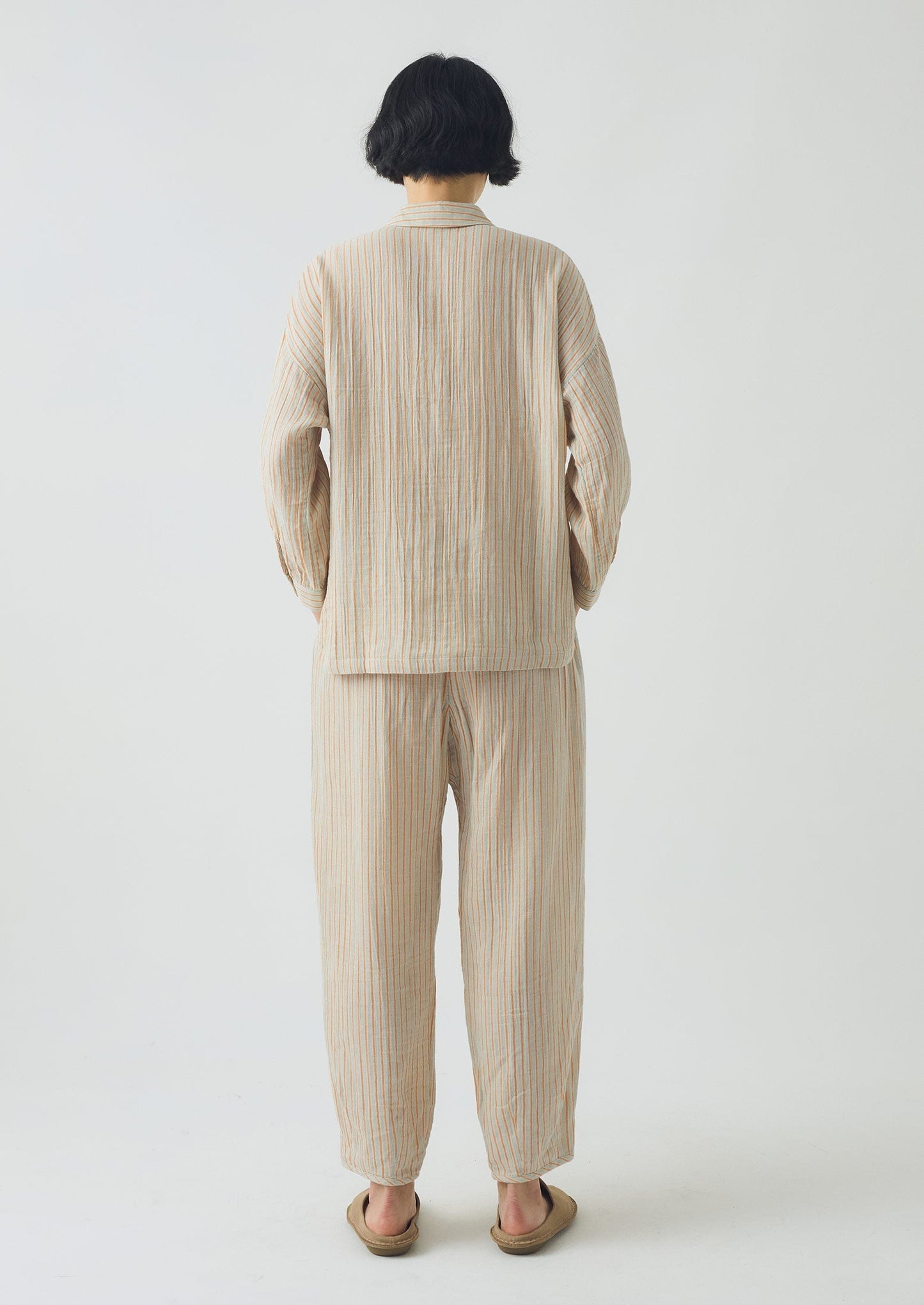 Pigiama in cotone stropicciato a righe | Salvia/Albicocca