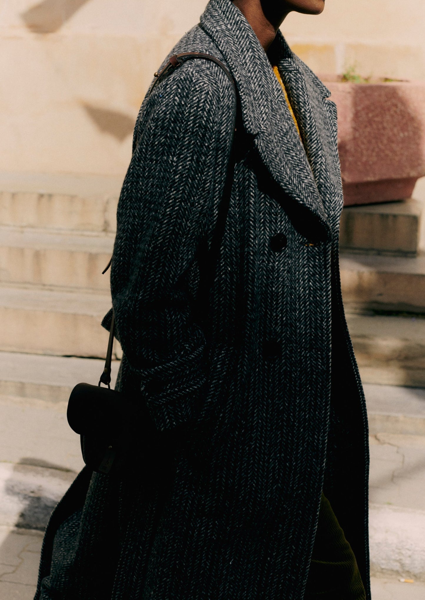 Cappotto in lana a spina di pesce con cintura | Grigio melange