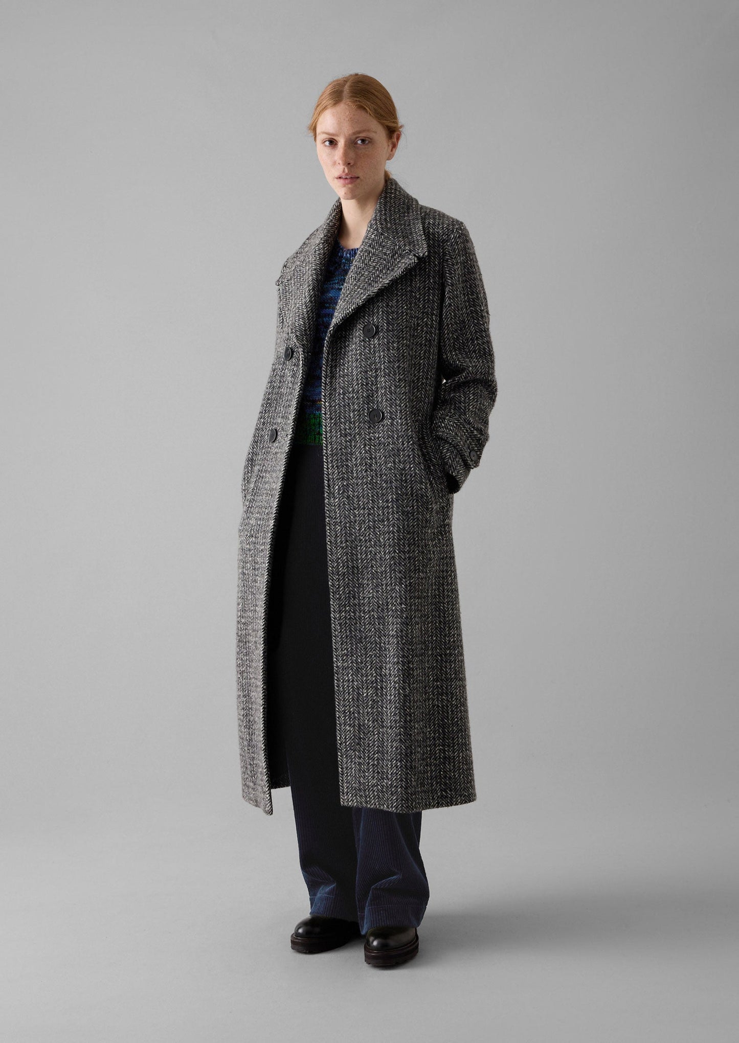Cappotto in lana a spina di pesce con cintura | Grigio melange
