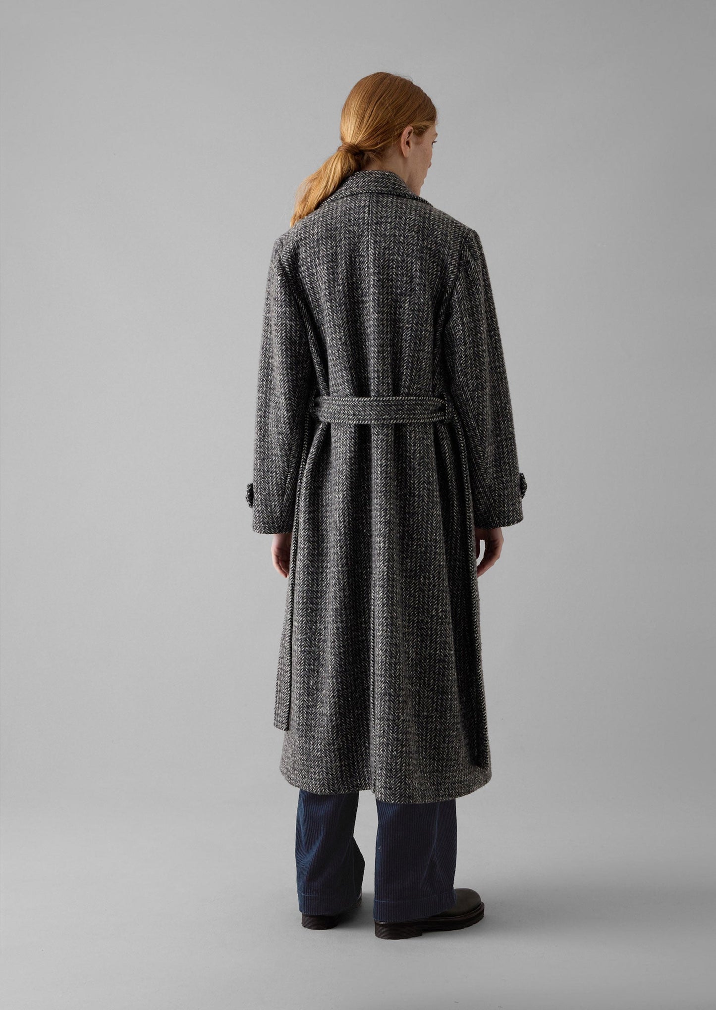 Cappotto in lana a spina di pesce con cintura | Grigio melange