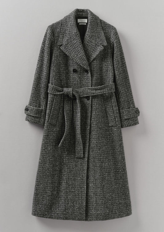Cappotto in lana a spina di pesce con cintura | Grigio melange