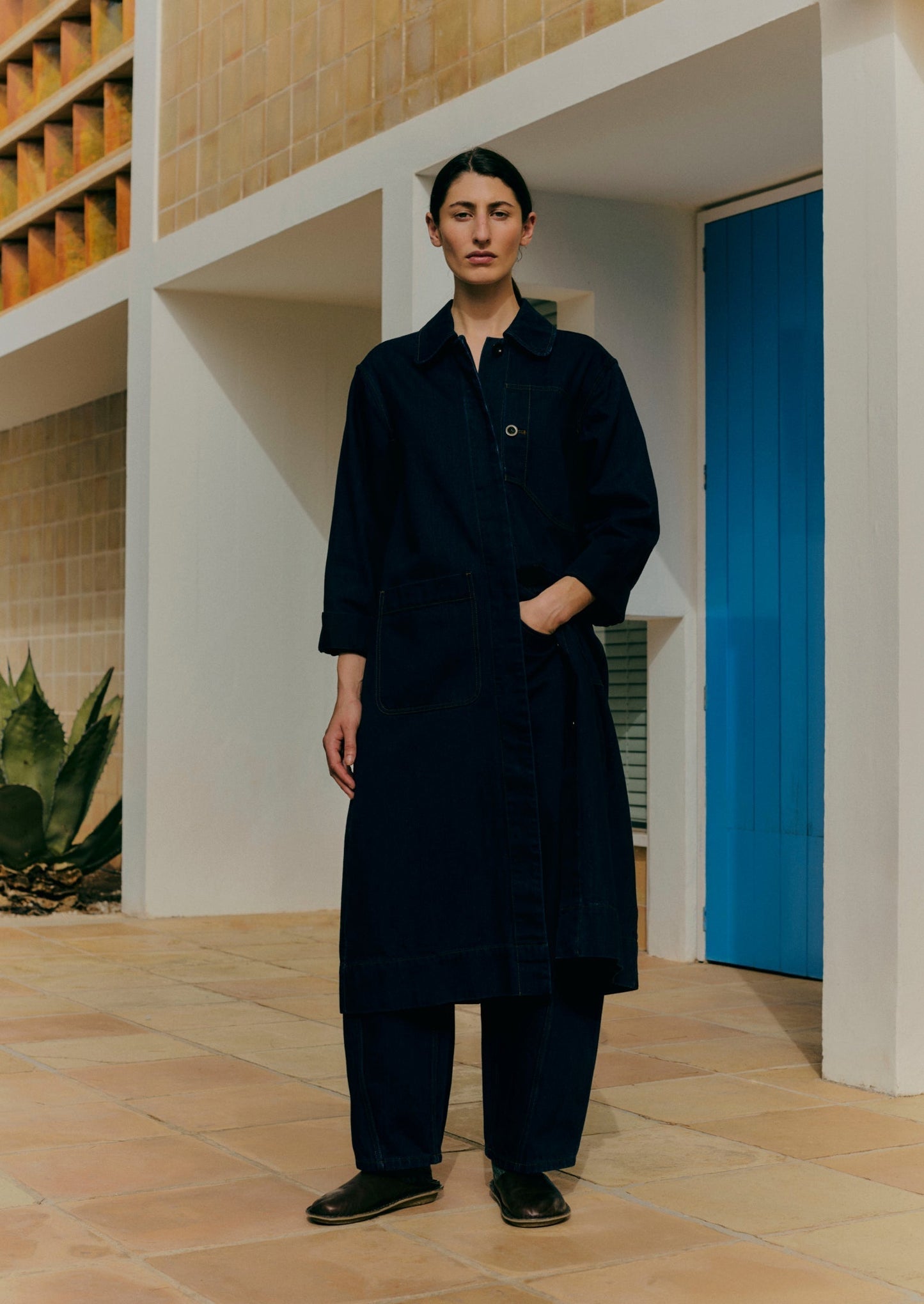 Cappotto in denim giapponese con tasca applicata | Indaco