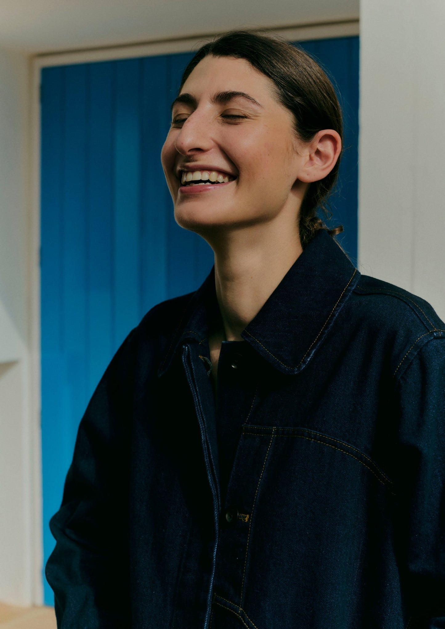 Cappotto in denim giapponese con tasca applicata | Indaco