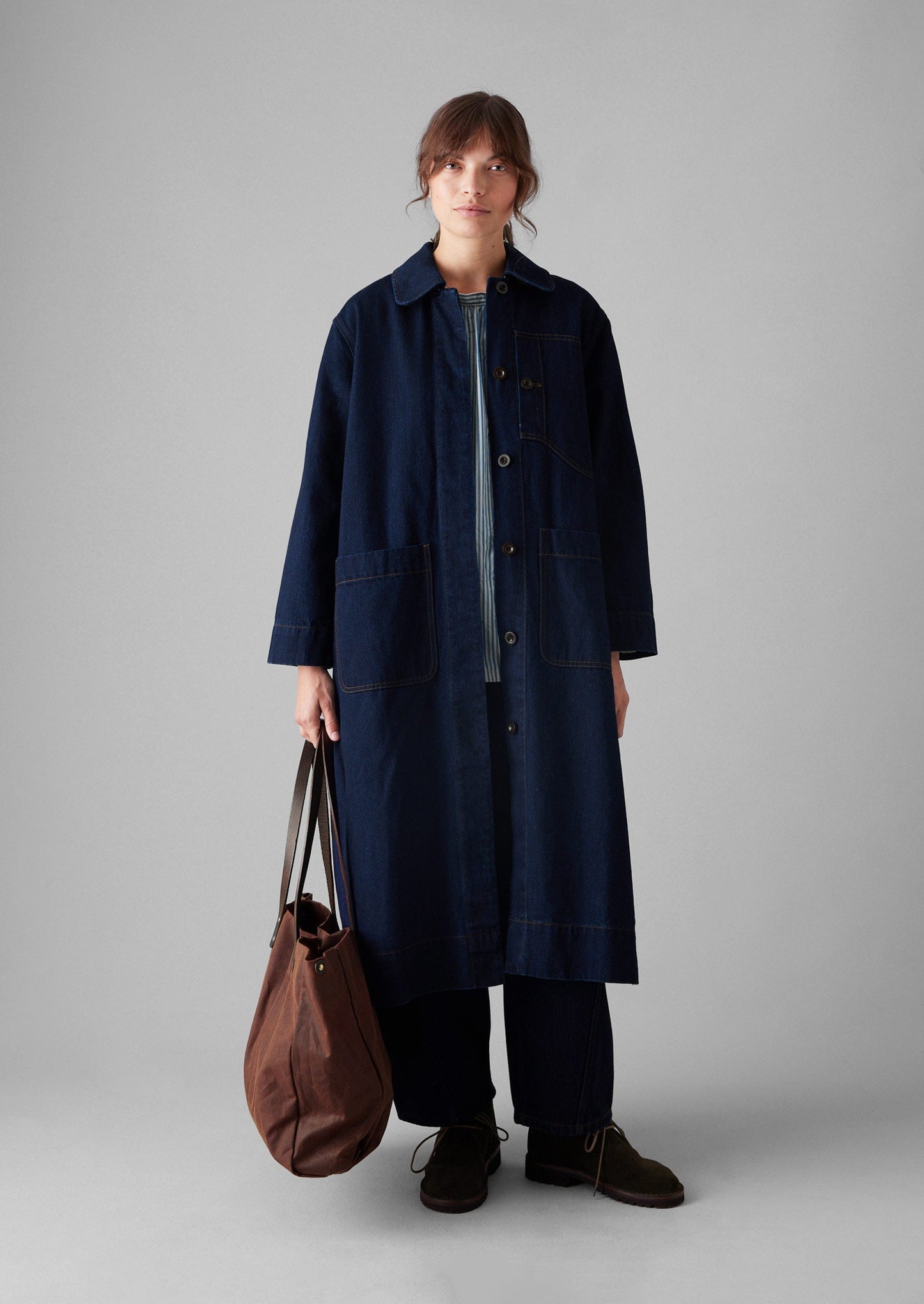 Cappotto in denim giapponese con tasca applicata | Indaco