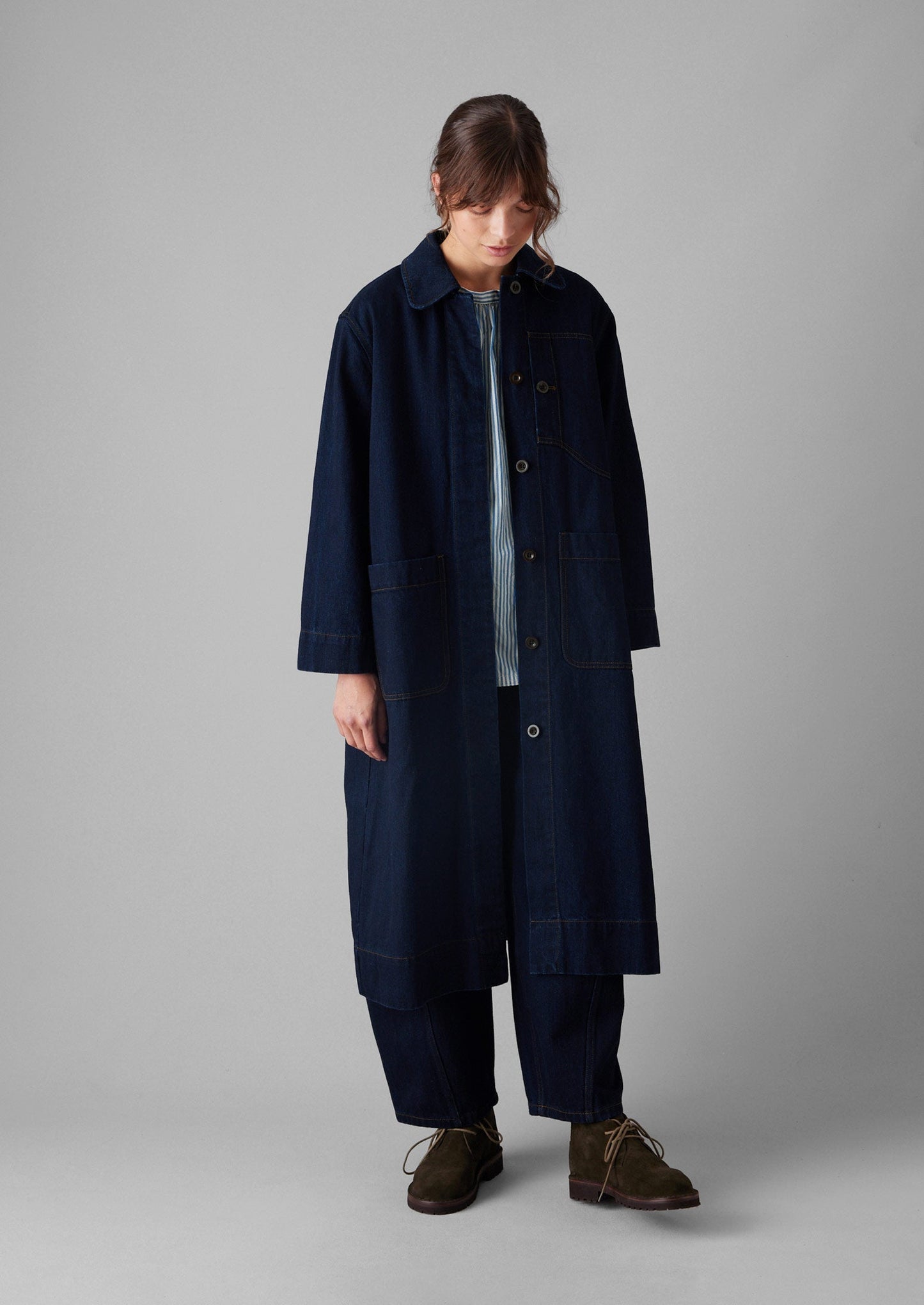 Cappotto in denim giapponese con tasca applicata | Indaco