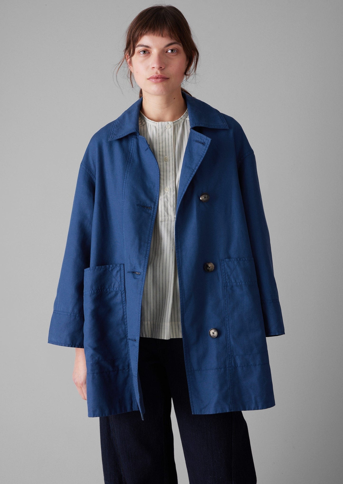 Cappotto in tela di lino e cotone a trapezio | Blu cenere scuro