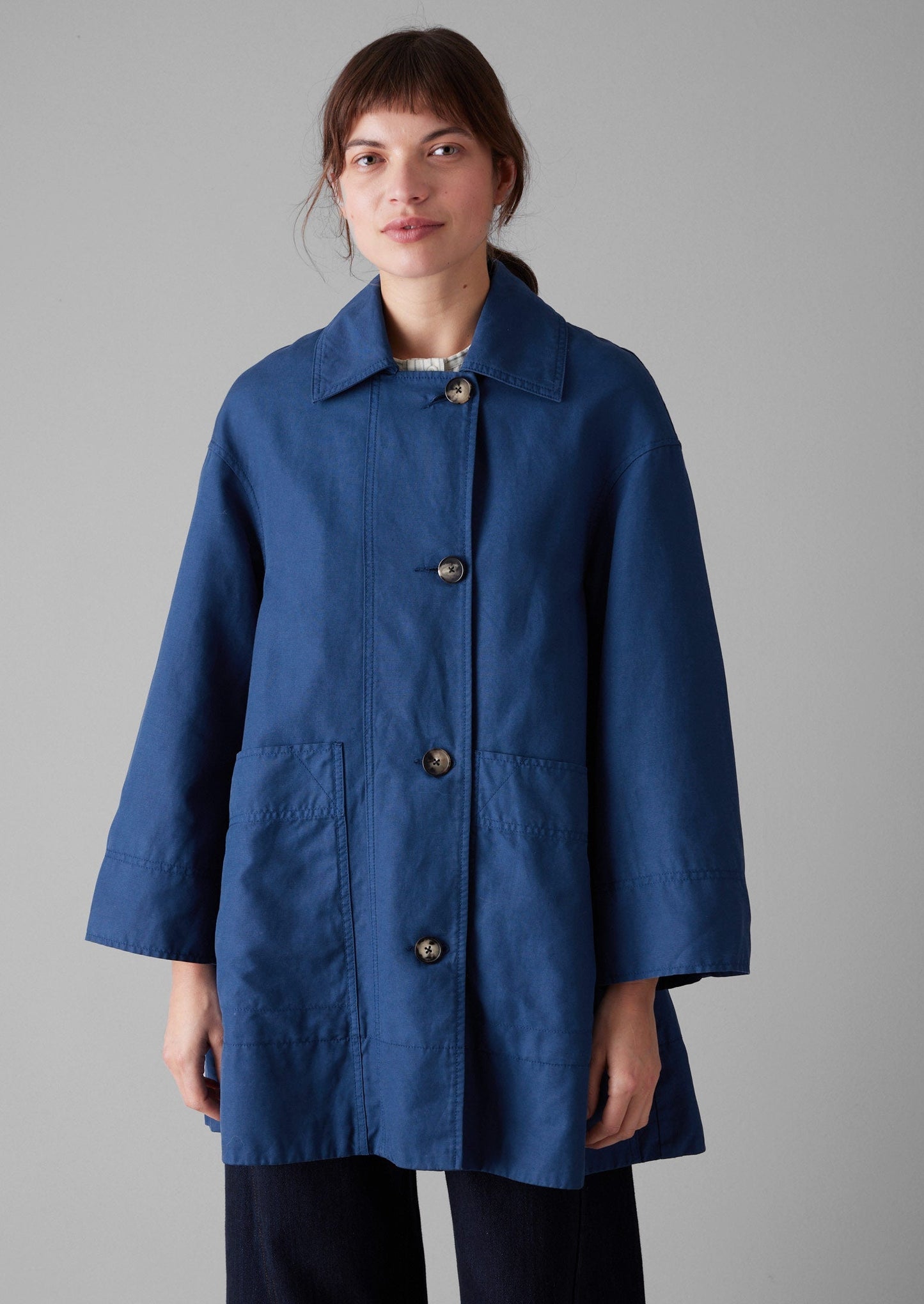 Cappotto in tela di lino e cotone a trapezio | Blu cenere scuro