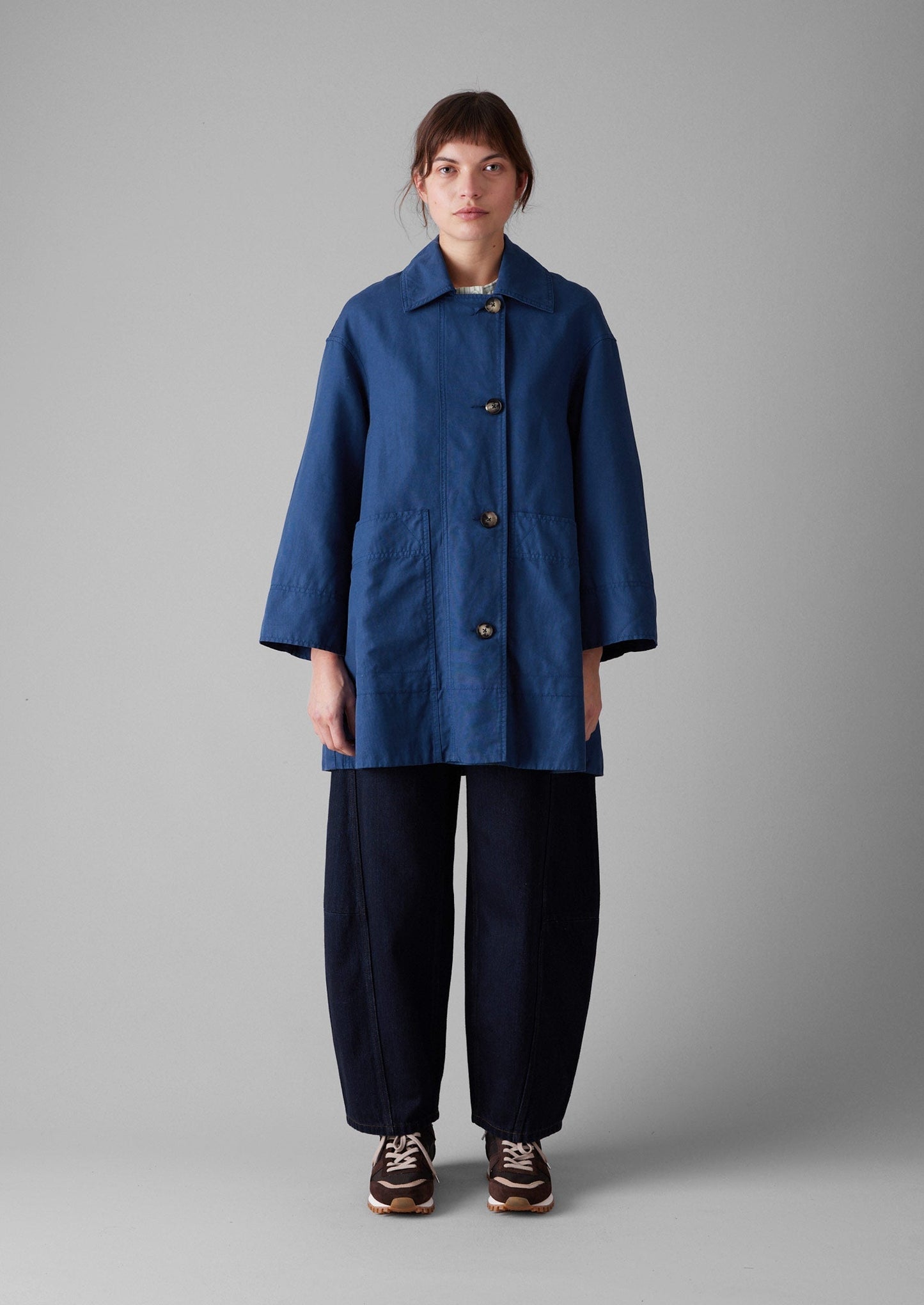 Cappotto in tela di lino e cotone a trapezio | Blu cenere scuro
