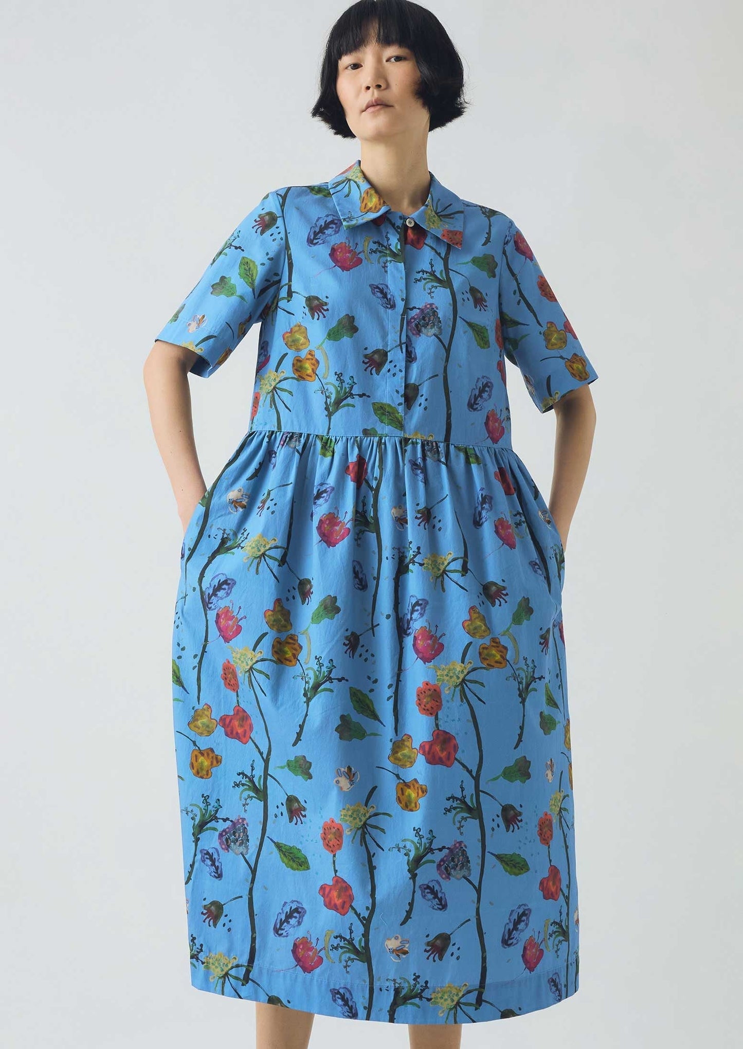 Abito camicia in cotone con stampa floreale Archivist | Blu caldo