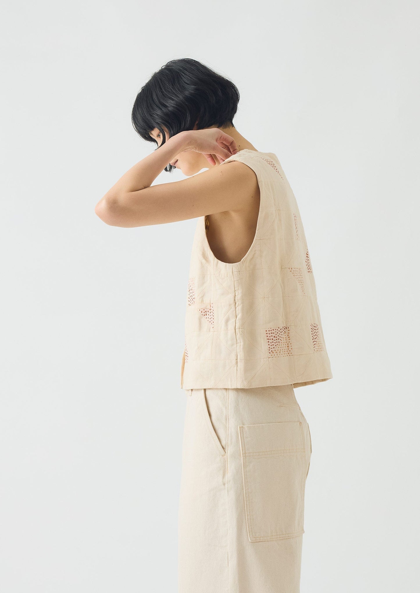 Gilet in cotone con punto patchwork Kantha | Ecru