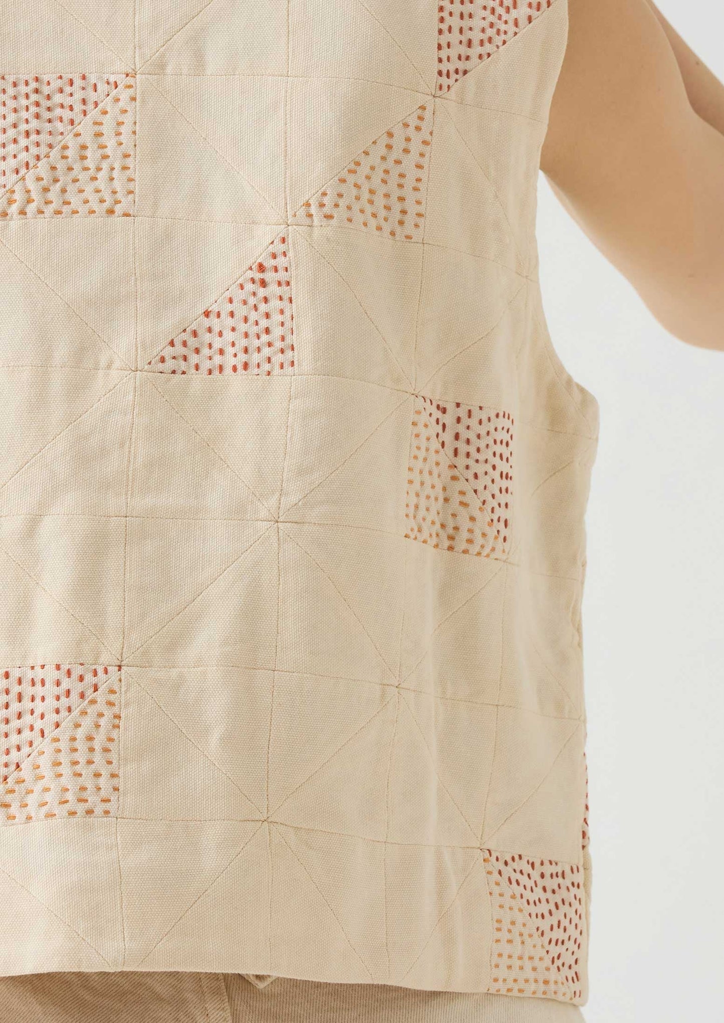 Gilet in cotone con punto patchwork Kantha | Ecru