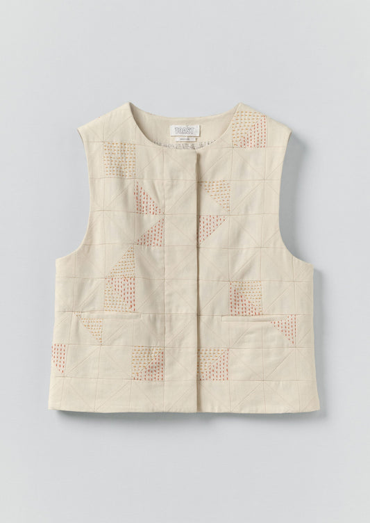 Gilet in cotone con punto patchwork Kantha | Ecru