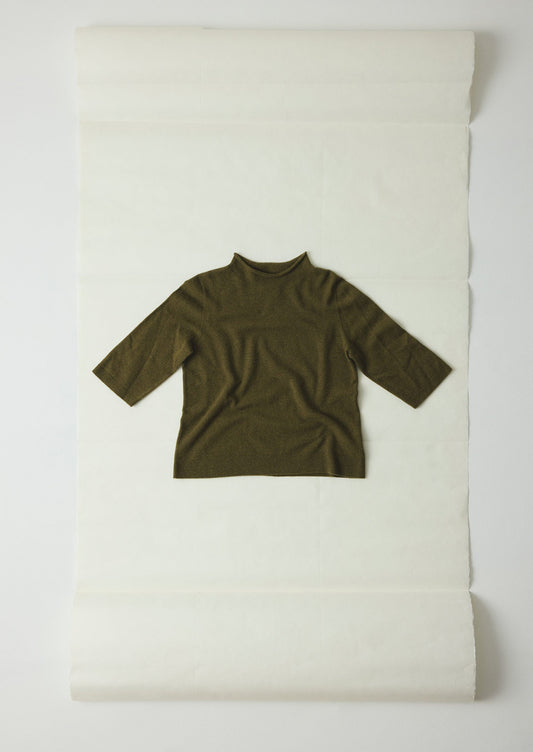 Maglione a mezza manica in lana e cashmere pregiato | Oliva mélange