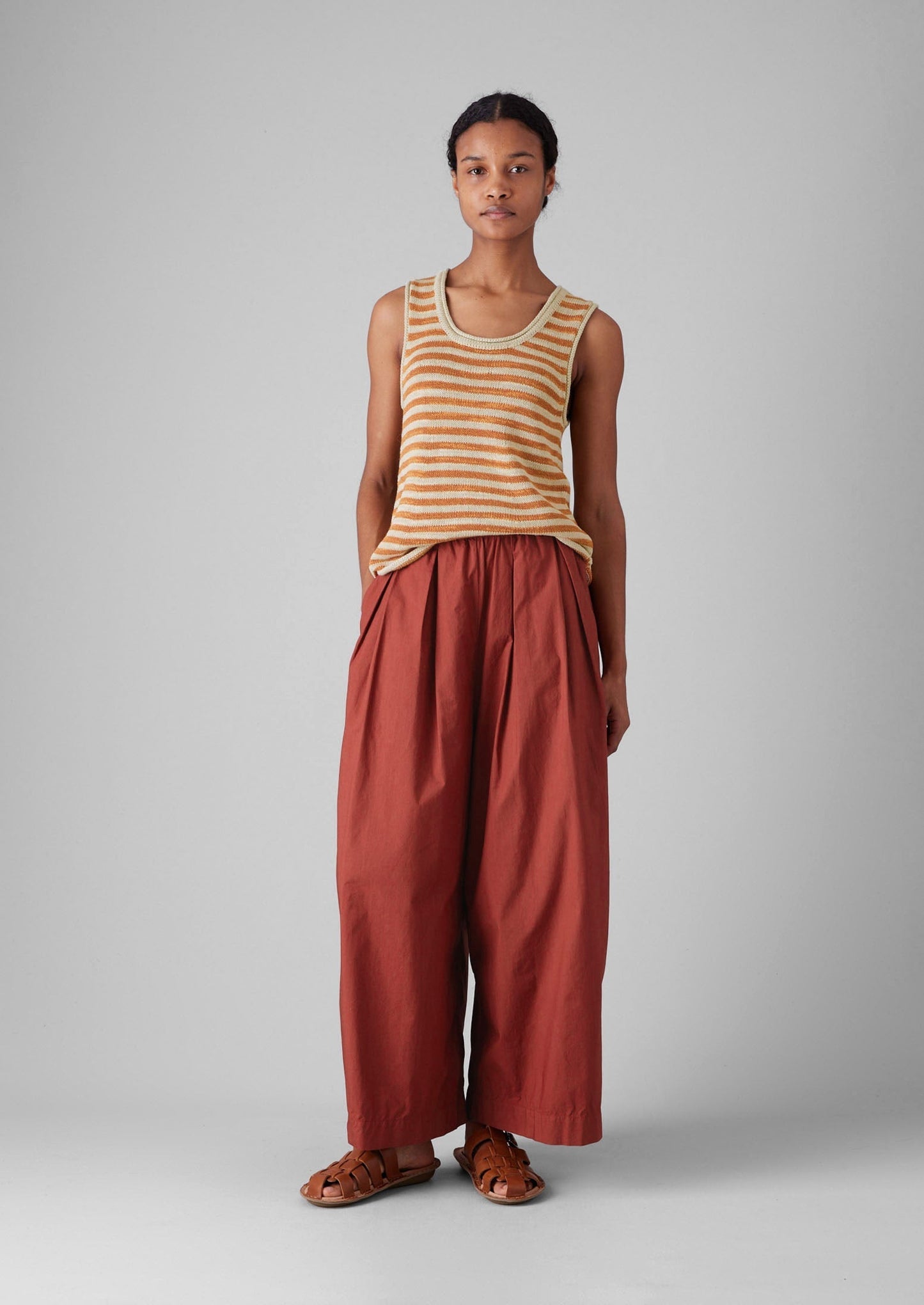 Gilet in maglia di lino e cotone a righe | Pergamena/Butterscotch