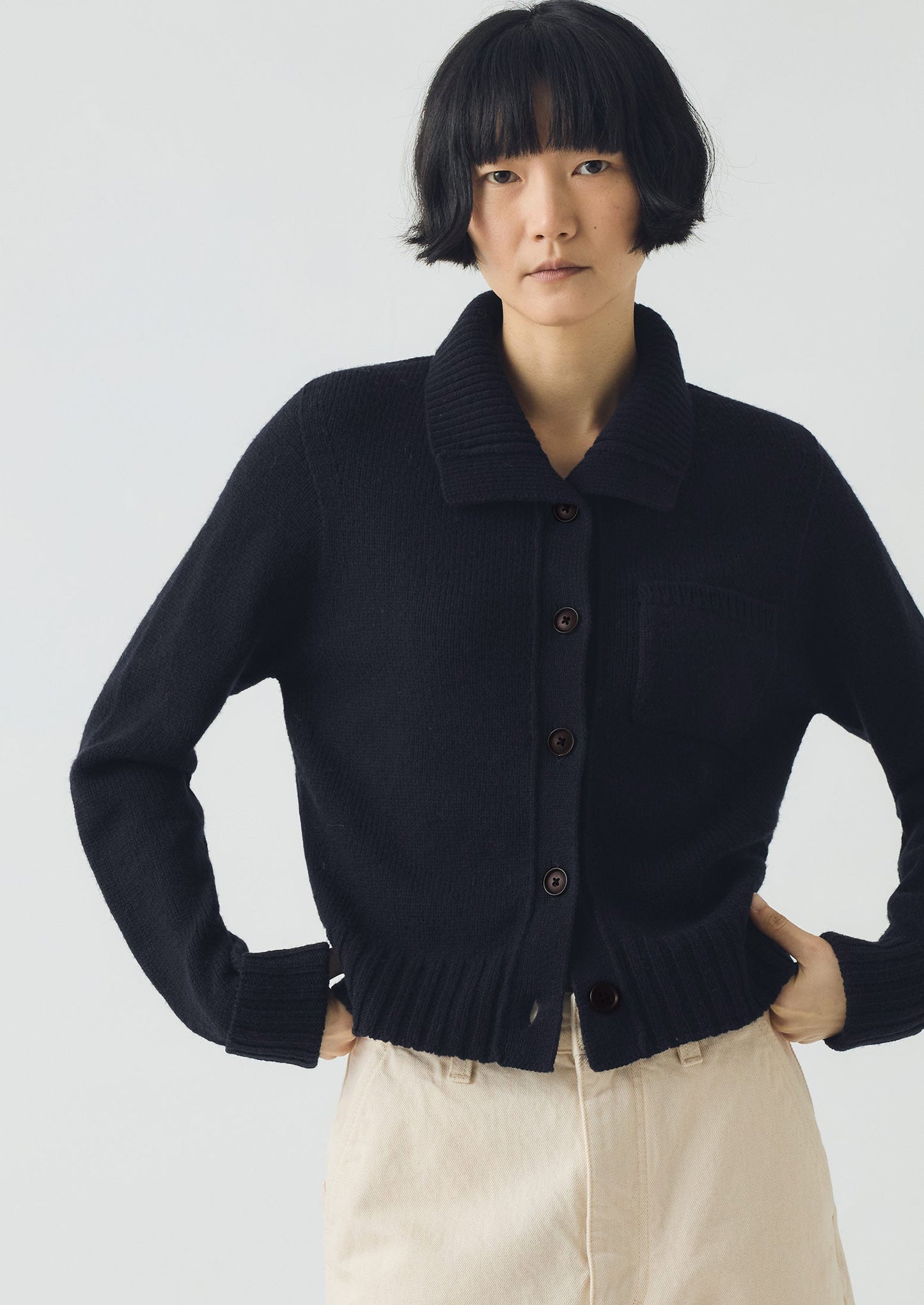 Cardigan in lana con colletto | Blu navy scuro