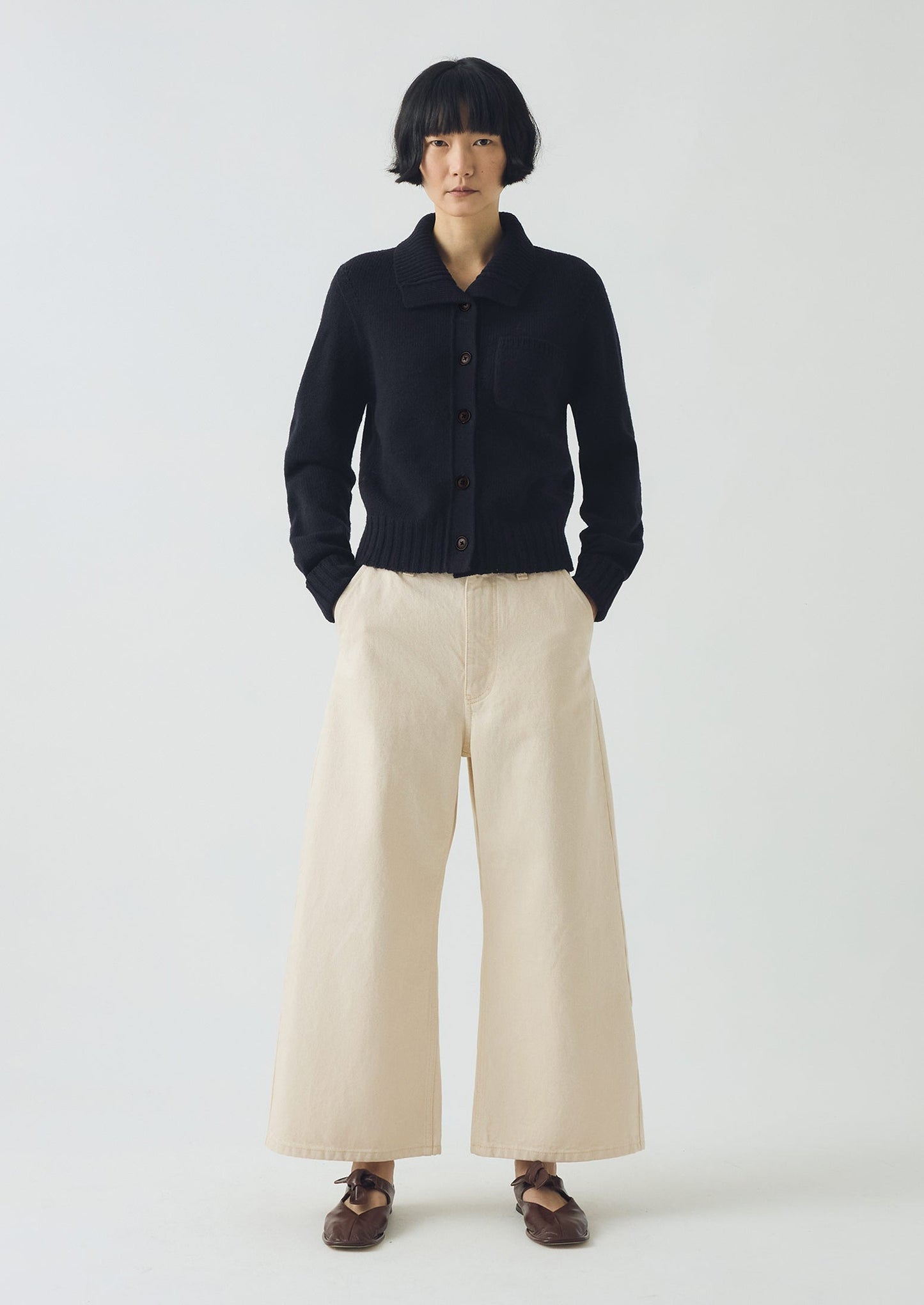 Cardigan in lana con colletto | Blu navy scuro