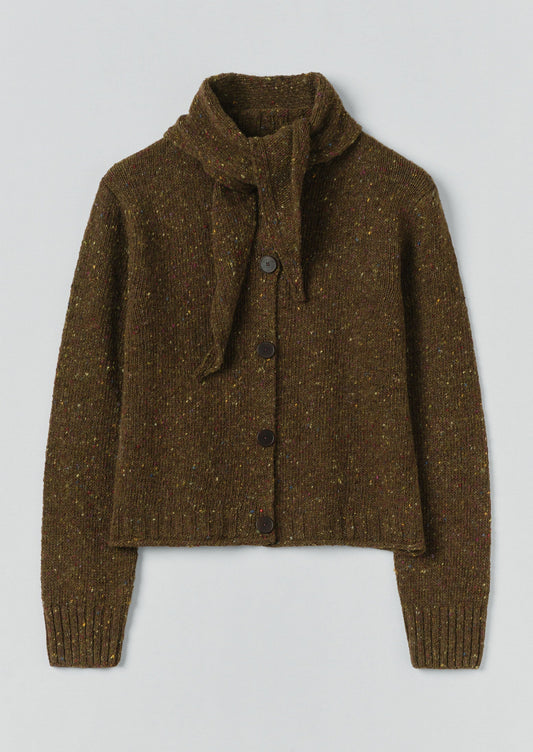 Cardigan con foulard in lana merino Donegal | Oliva più scura