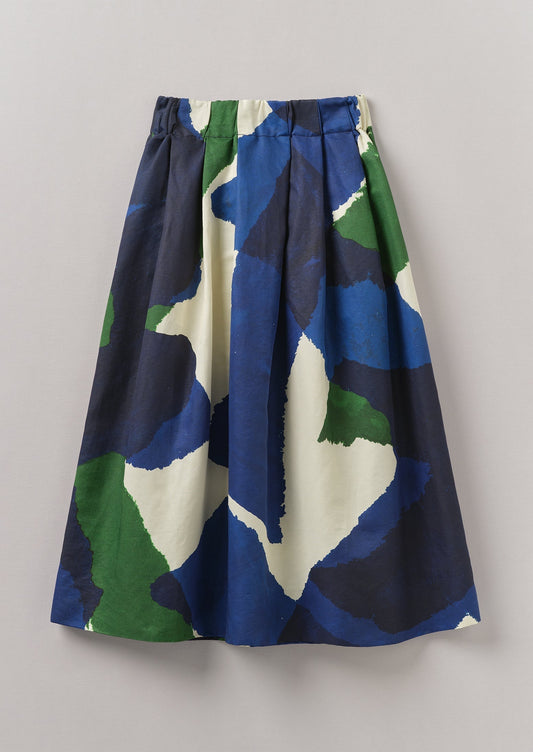 Gonna in lino e cotone con stampa washi | Ecru/Blu/Verde